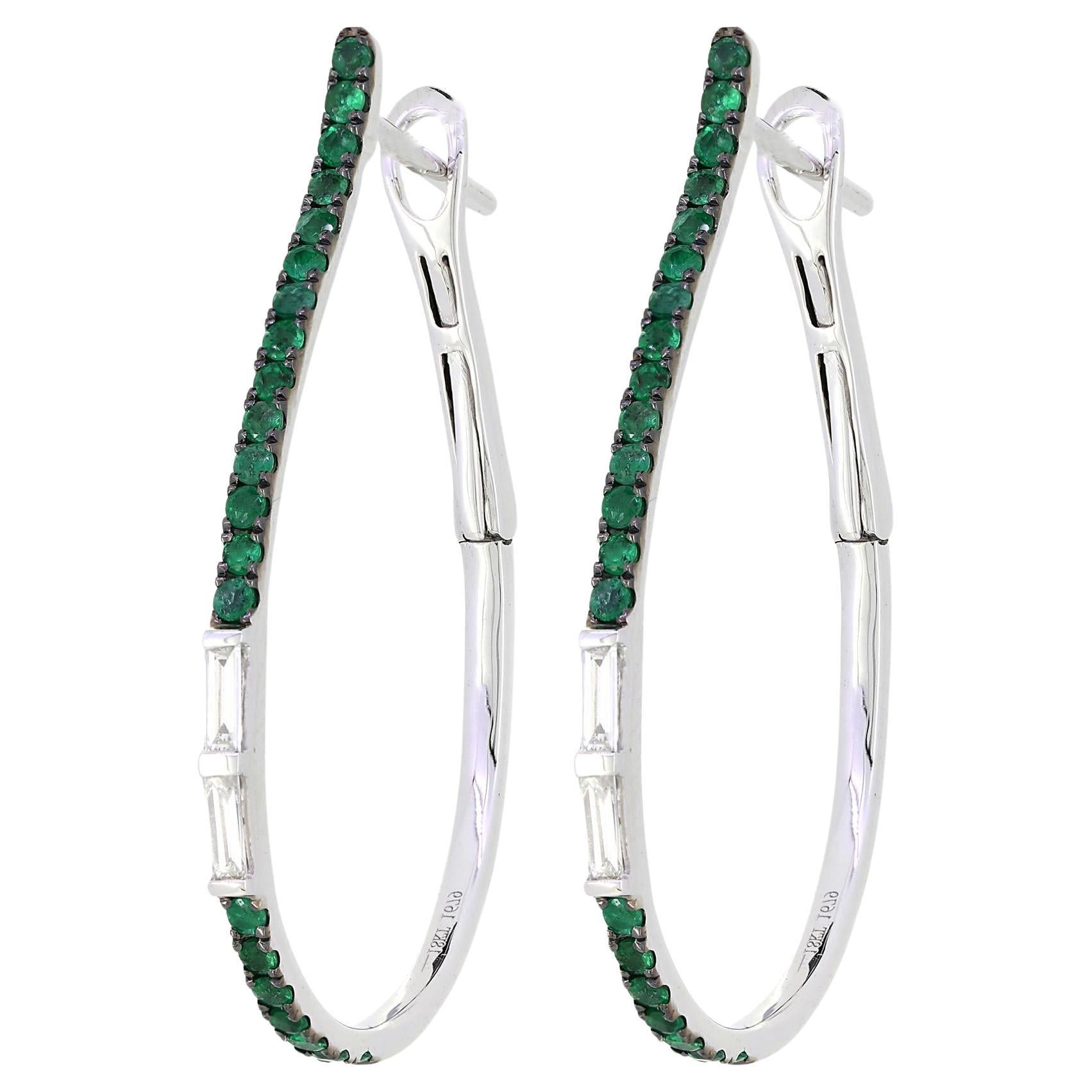 Luxle 0.56 Natural Diamond and Emerald Pear Shaped Hoop