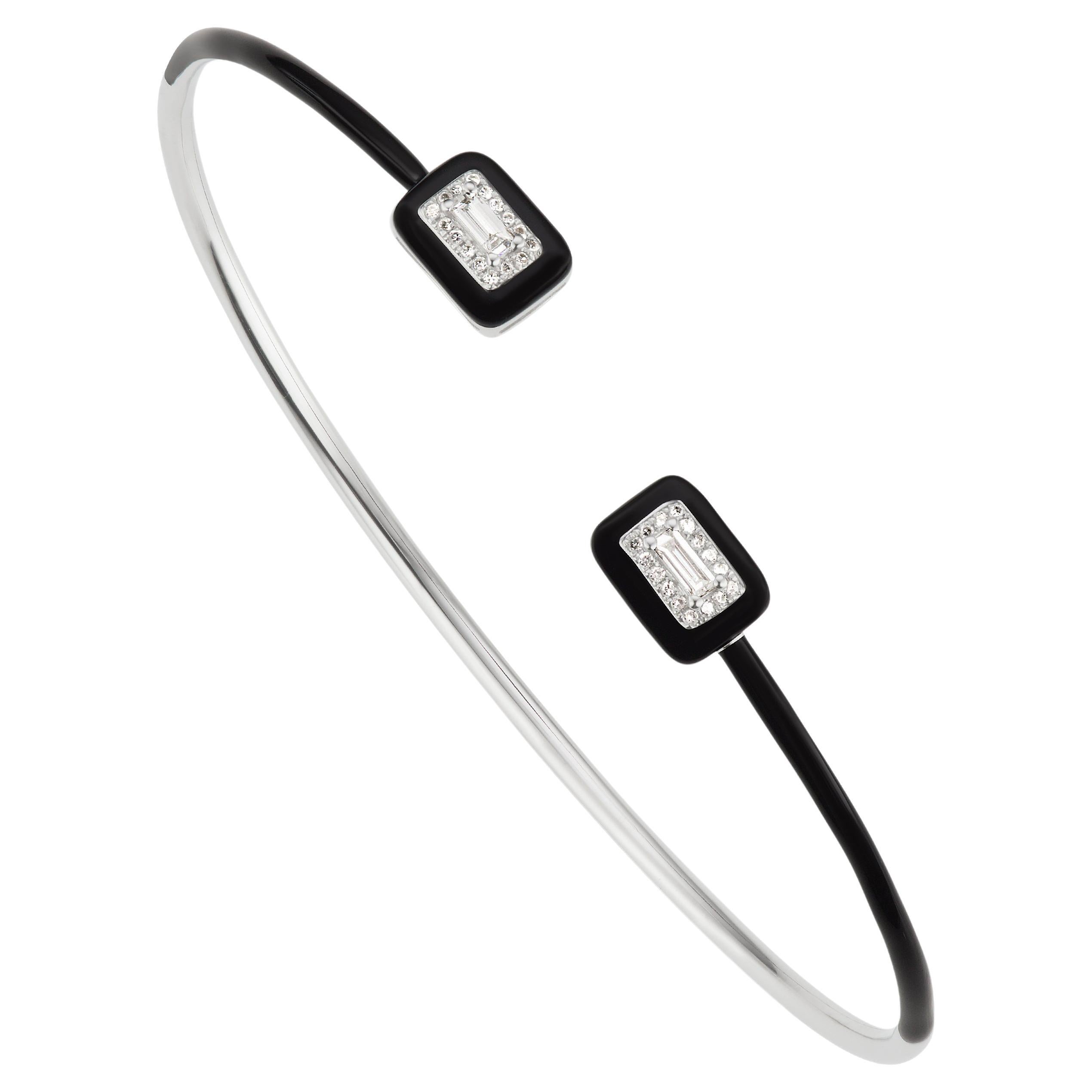 0.20 ct. pt. Bracelet manchette en or blanc 18k diamant naturel/émail noir