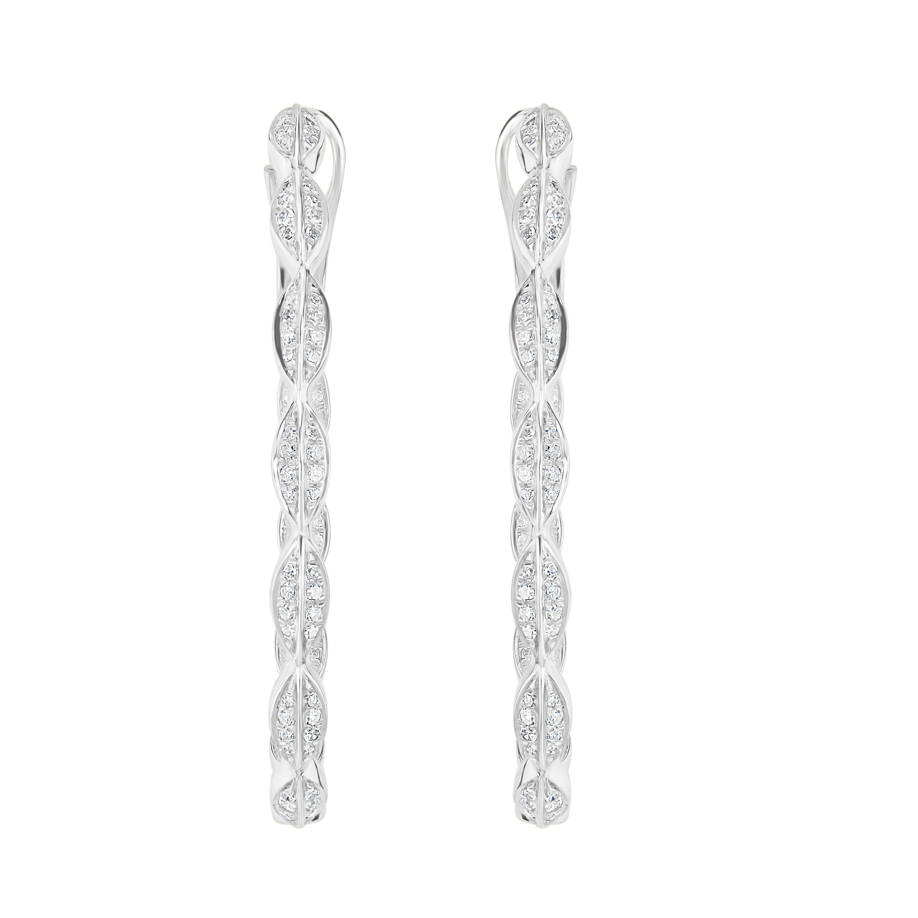 Luxle 0.58ct T.W Round Diamond Leaf Hoop Earrings in 14k White Gold In New Condition For Sale In New York, NY