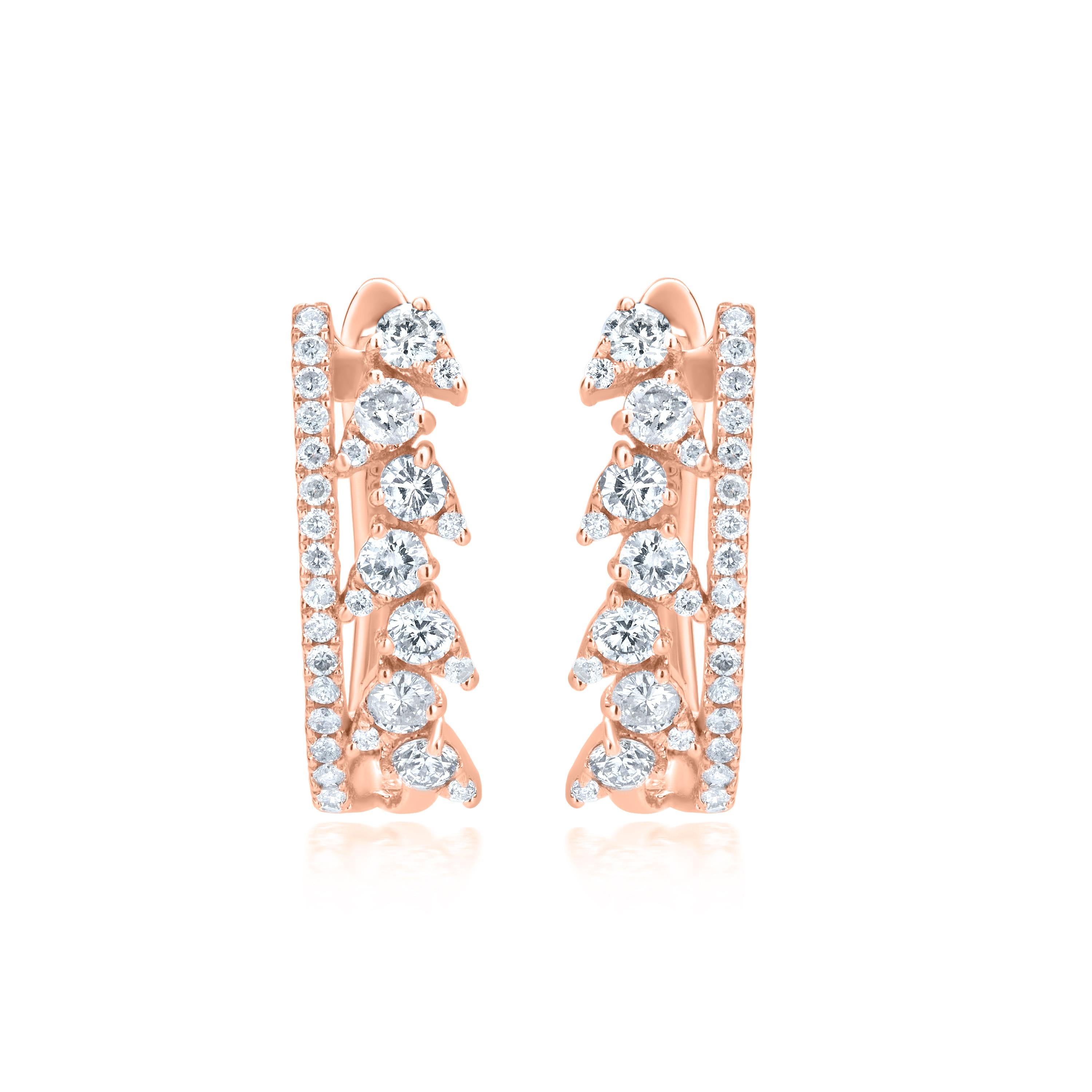 Round Cut Luxle 2/3 Cttw Natural Diamond Crown Huggie Earrings in in 18K Rose Gold