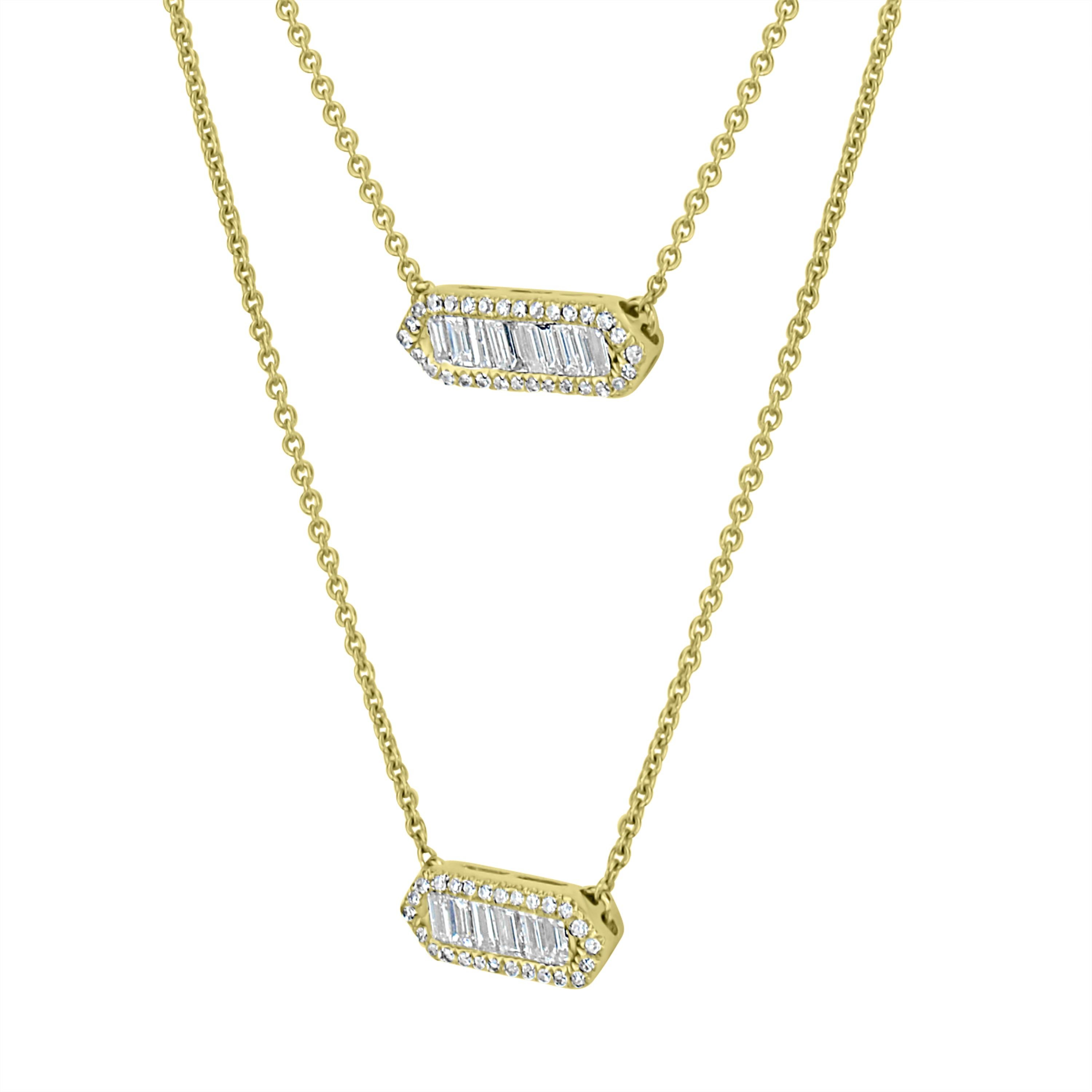 This Luxle dazzling diamond double-strand baguette necklace will elevate your look to new heights. This necklace has two bar motifs that are set with 56 round-cut diamonds and 17 baguettes that fall gracefully down your throat. The diamonds have a