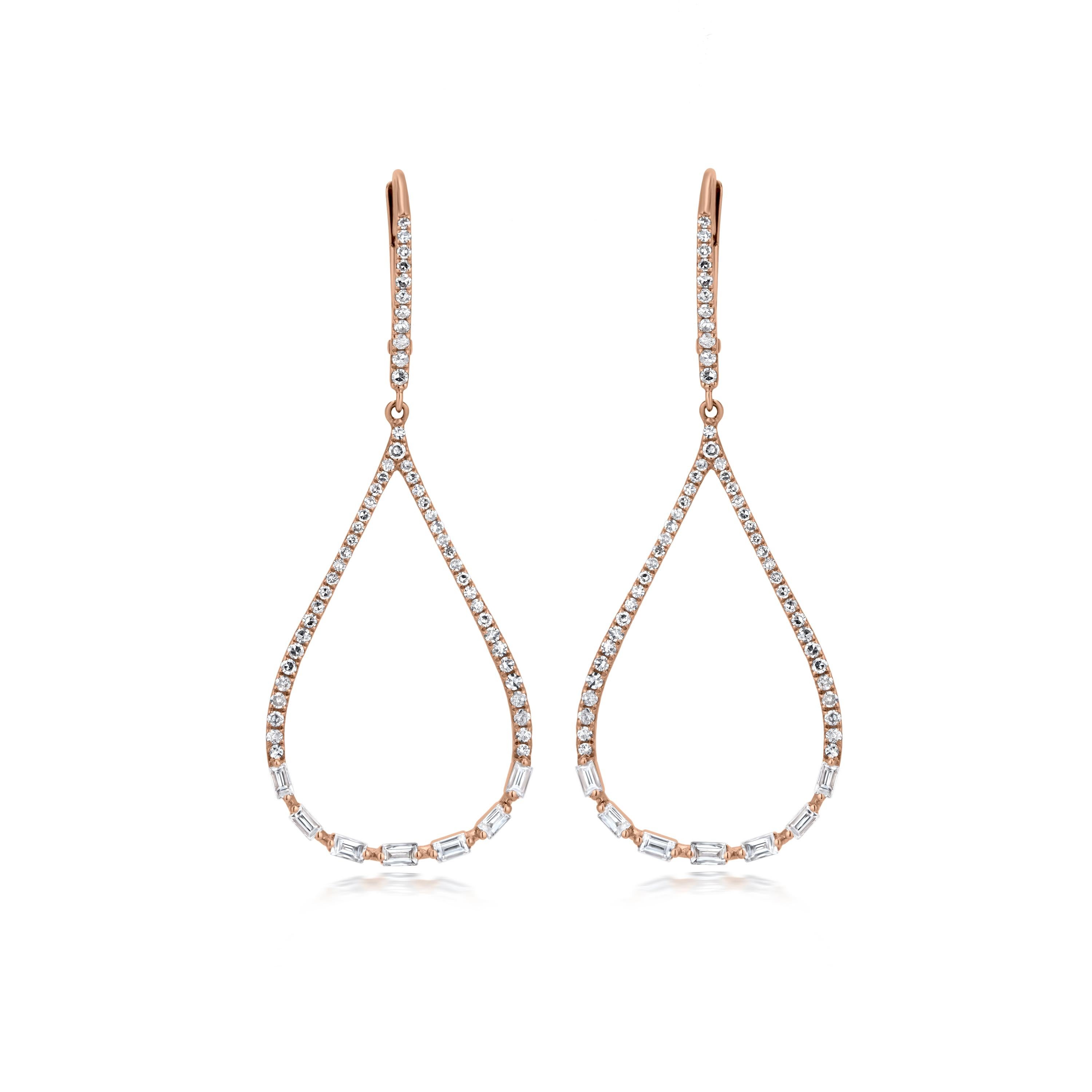 Taglio baguette Luxle Orecchini a goccia con diamanti naturali da 3/4 Cttw in oro rosa 14K in vendita