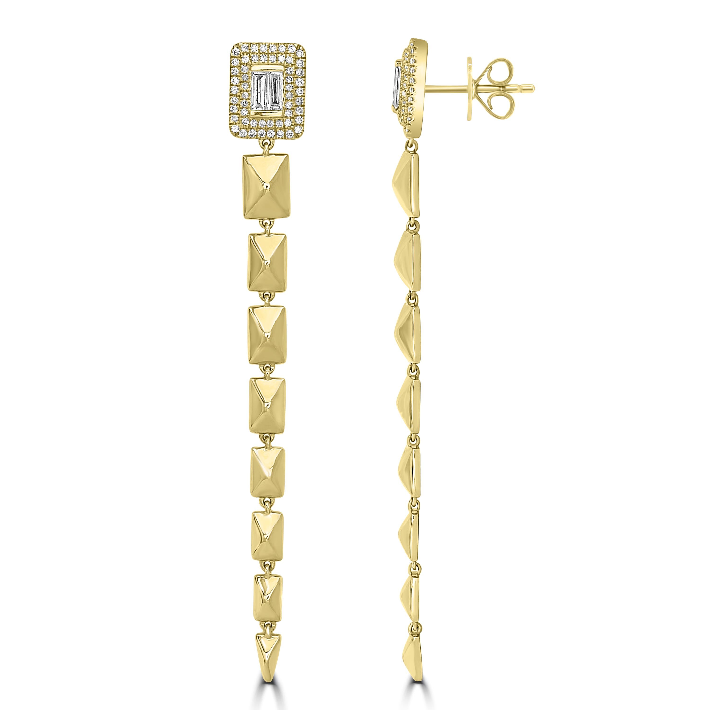 Luxle 0.6Cts. Baguette and Round Diamond Graduated Drop Earrings in 18k Yellow Gold. The surmount of the Luxle drop earrings glitters with baguette and round diamonds as rectangular gold sections graduate from bigger to smaller motifs in polished