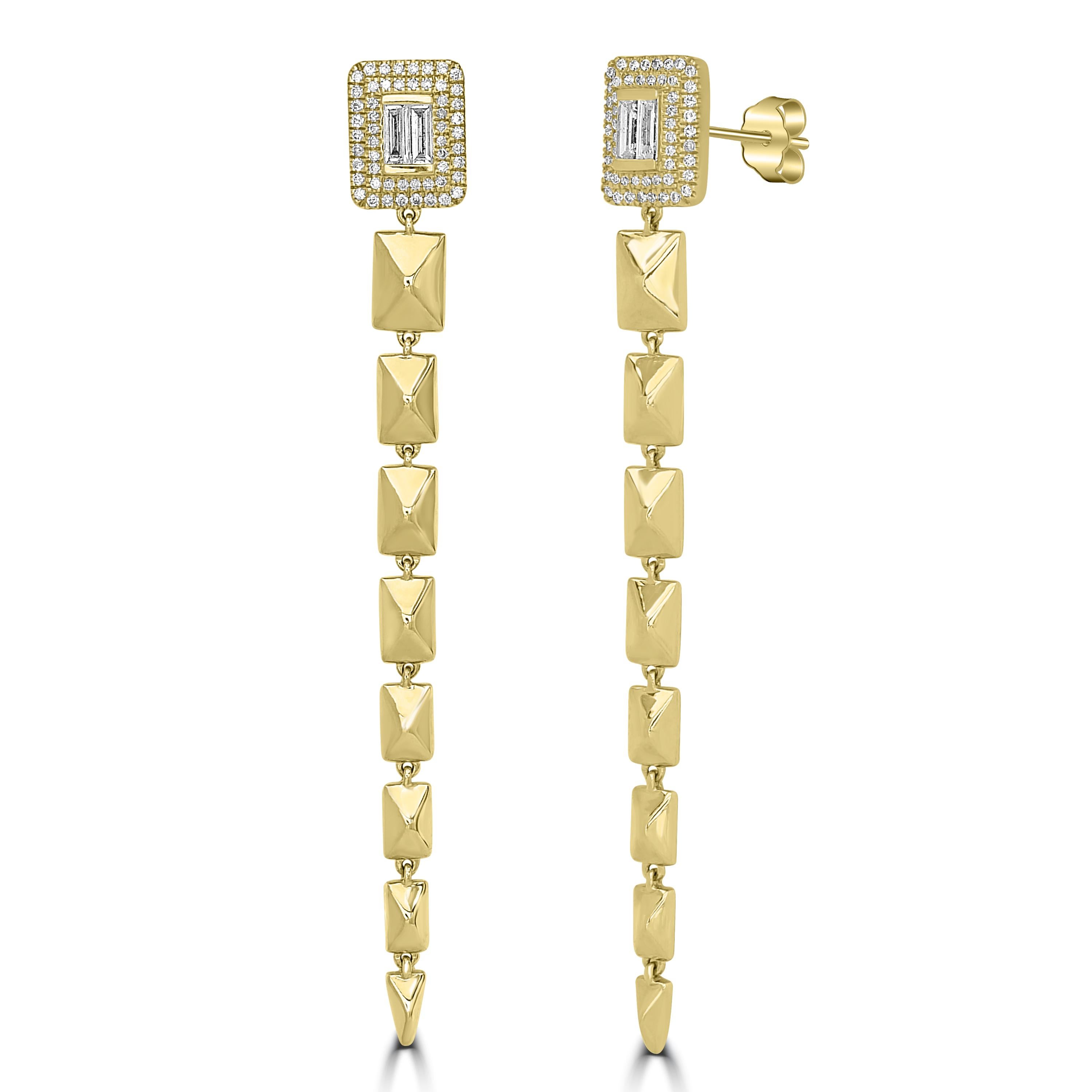 Baguette Cut Luxle .60 Ct. T.W Diamond Graduated Drop Earrings in 18k Yellow Gold For Sale