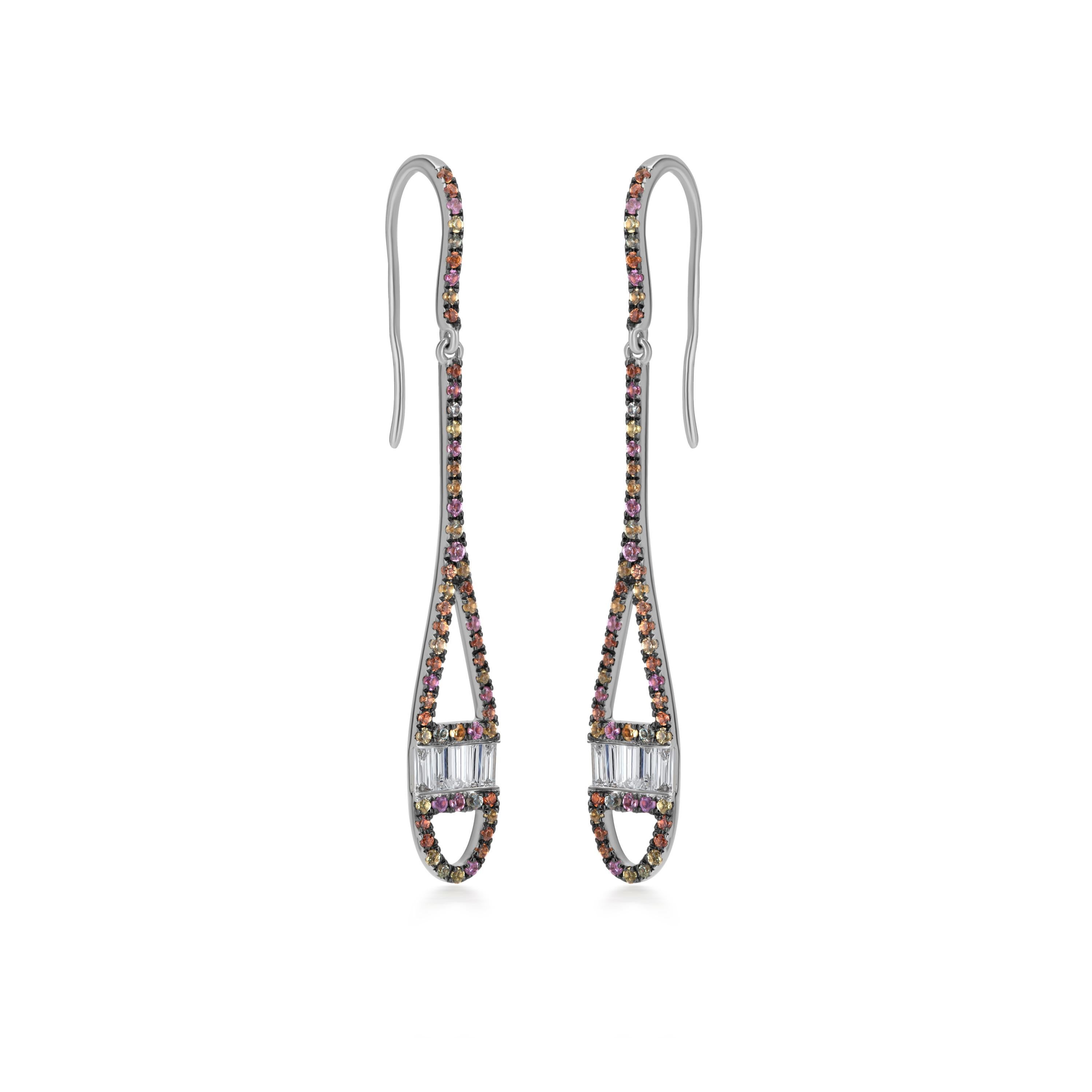 Bring vibrant color to your look with these stunning Diamond Drop Earrings. Featuring a unique teardrop design, these earrings showcase an exquisite array of multicolored sapphire set in 18K gold. The diamonds are skillfully cut into baguette