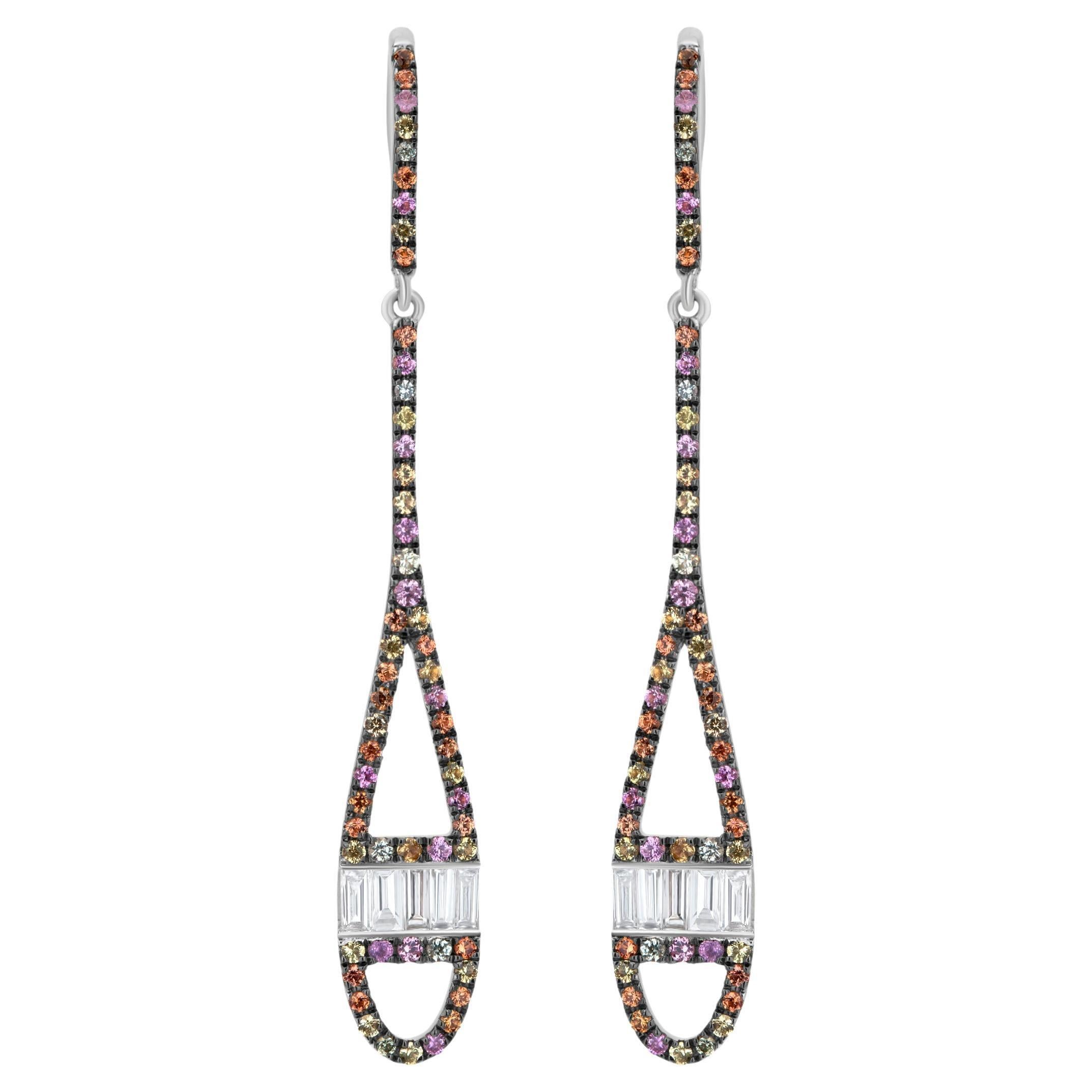 Baguette Cut Luxle 1.01 Cttw Natural Sapphire/Diamond Teardrop Earrings in 18K Gold For Sale