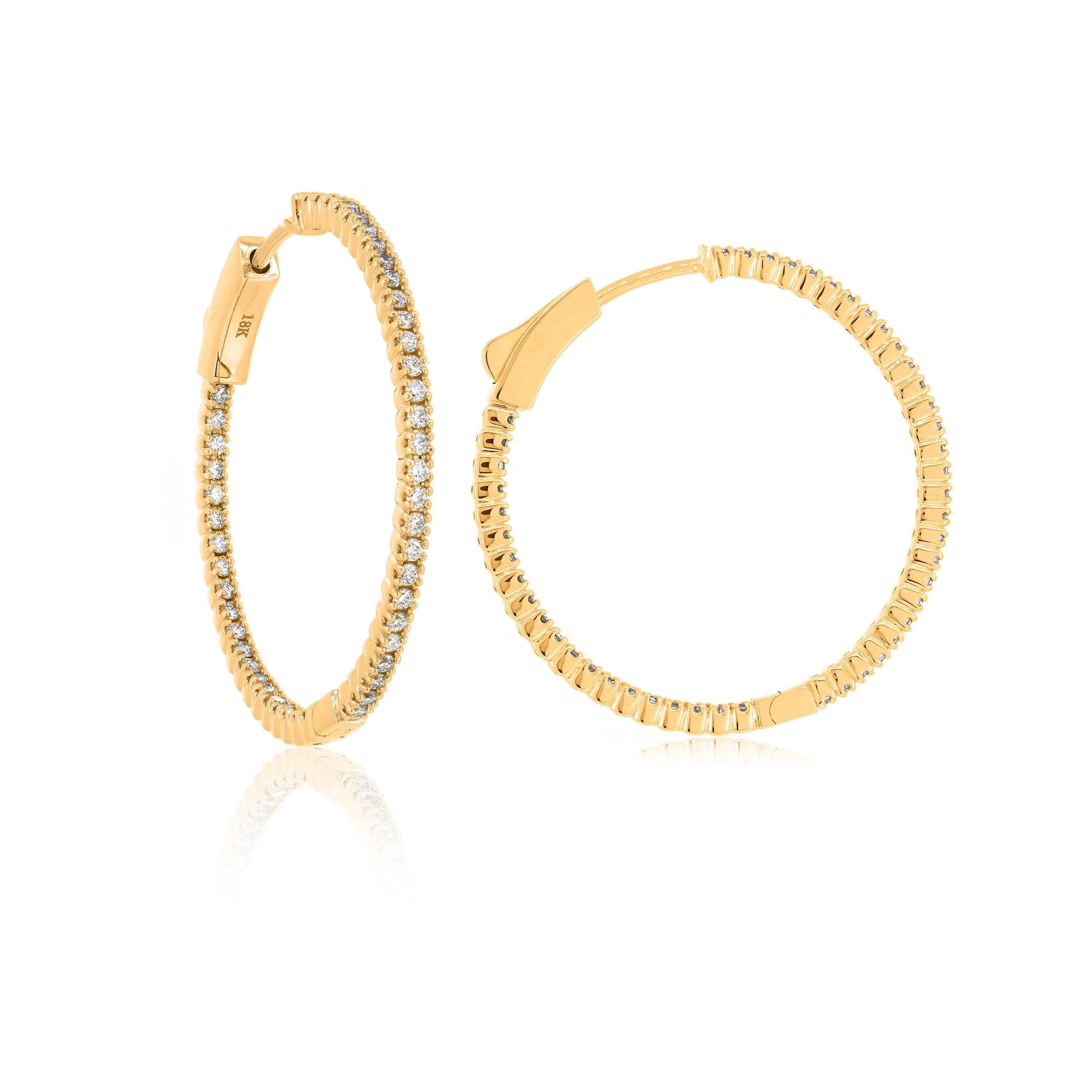 Elegant, timeless, captivating, round brilliant diamond inside and out Luxle hoop earrings in 18k yellow gold, for pierced ears. These elegant earrings feature 96 round brilliant cut diamonds with GH color and I1 clarity both on the inner and outer