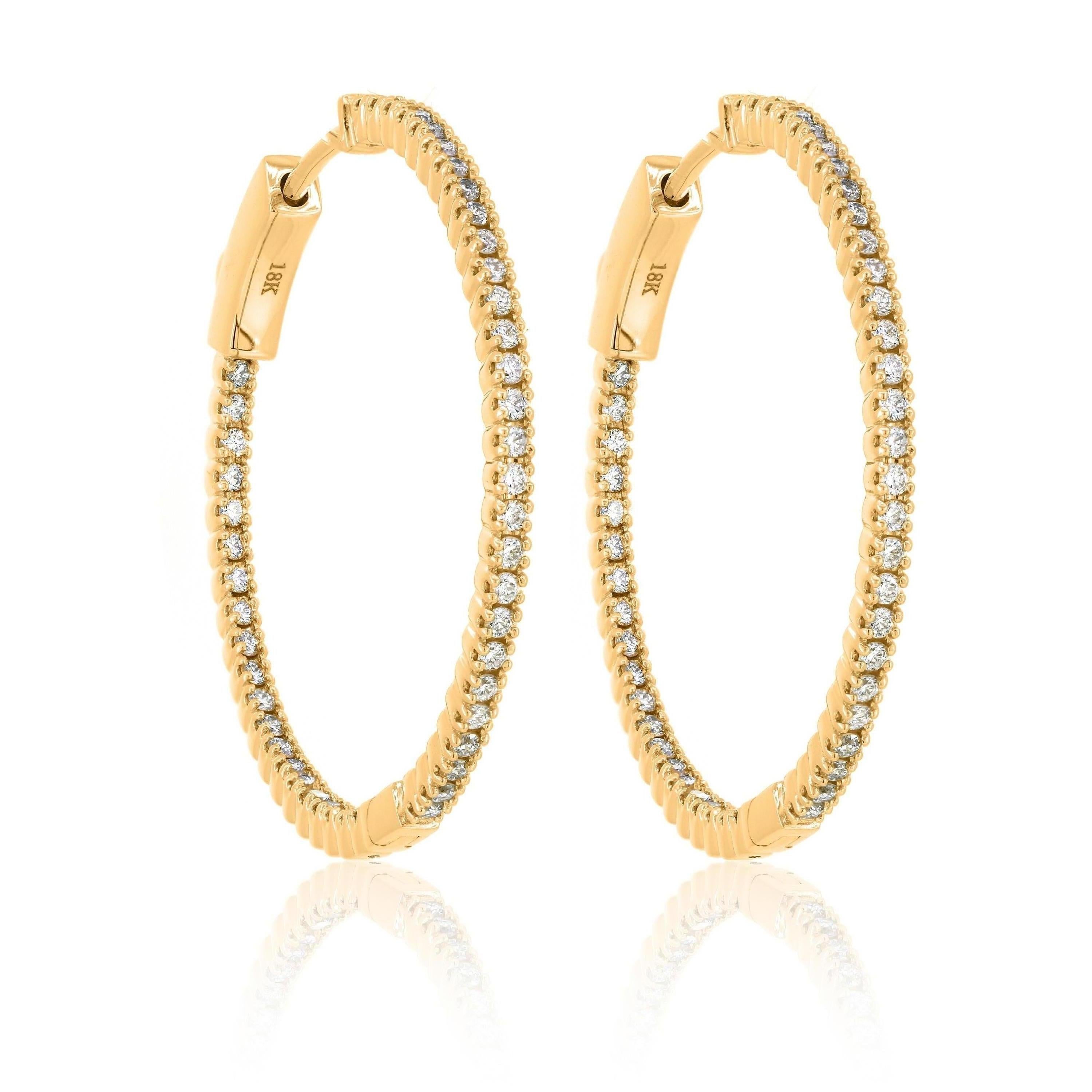 Luxle 0.72cttw. Pave Round Diamond Hoop Earrings 18 Karat Yellow Gold In New Condition For Sale In New York, NY