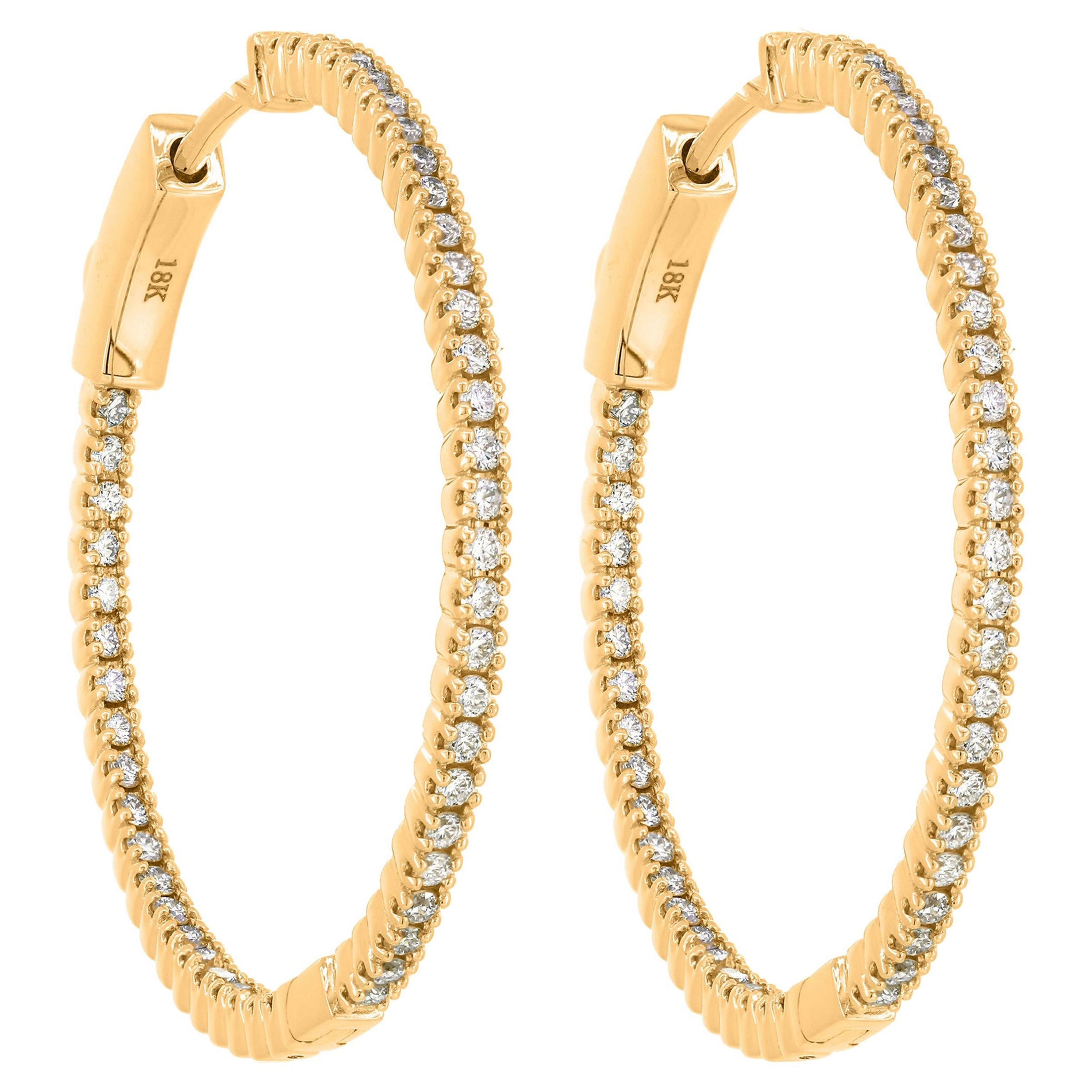 Luxle 0.72cttw. Pave Round Diamond Hoop Earrings 18 Karat Yellow Gold For Sale