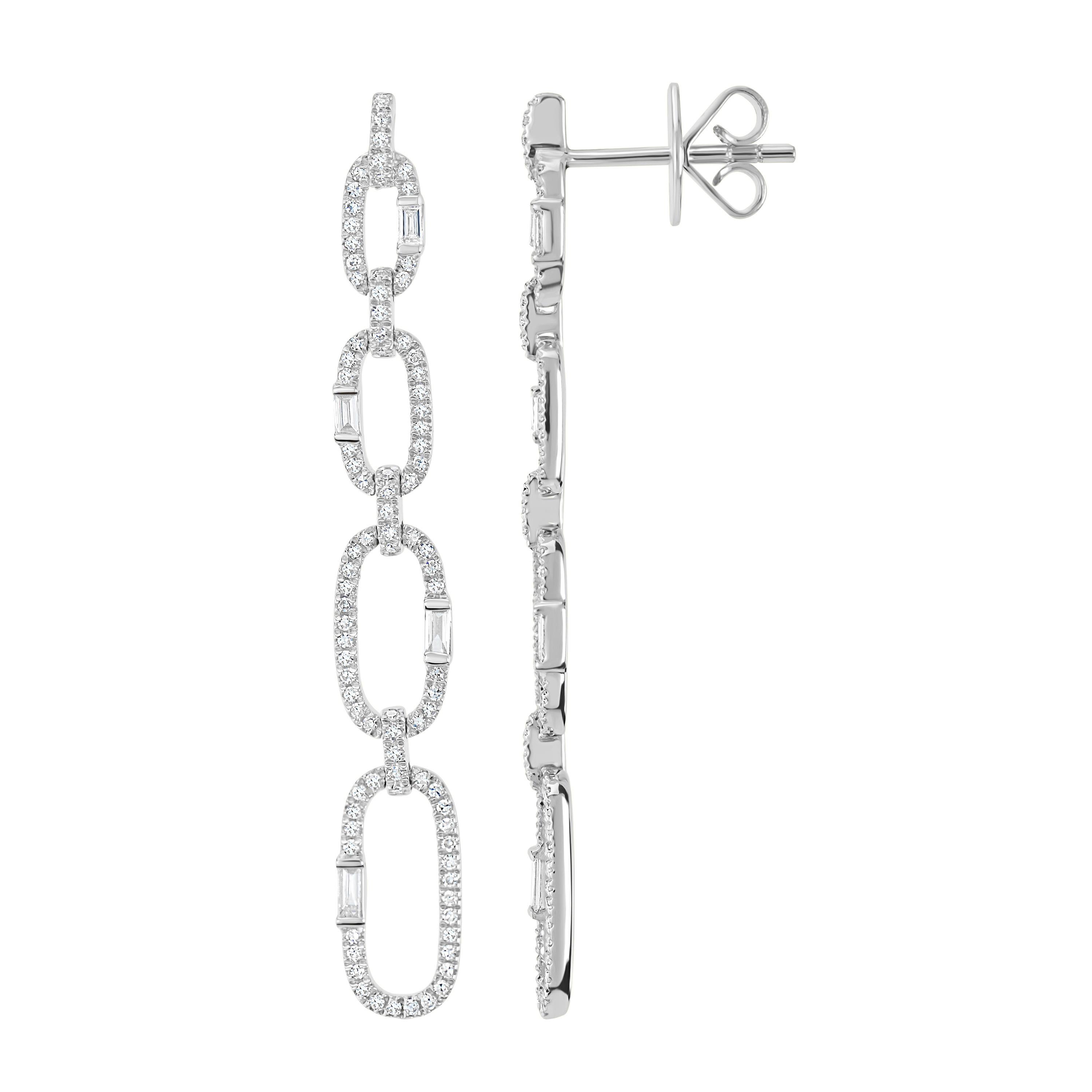 Luxle 0.73cttw Baguette and Round Diamond Link Drop Earrings in 18k Gold In New Condition For Sale In New York, NY