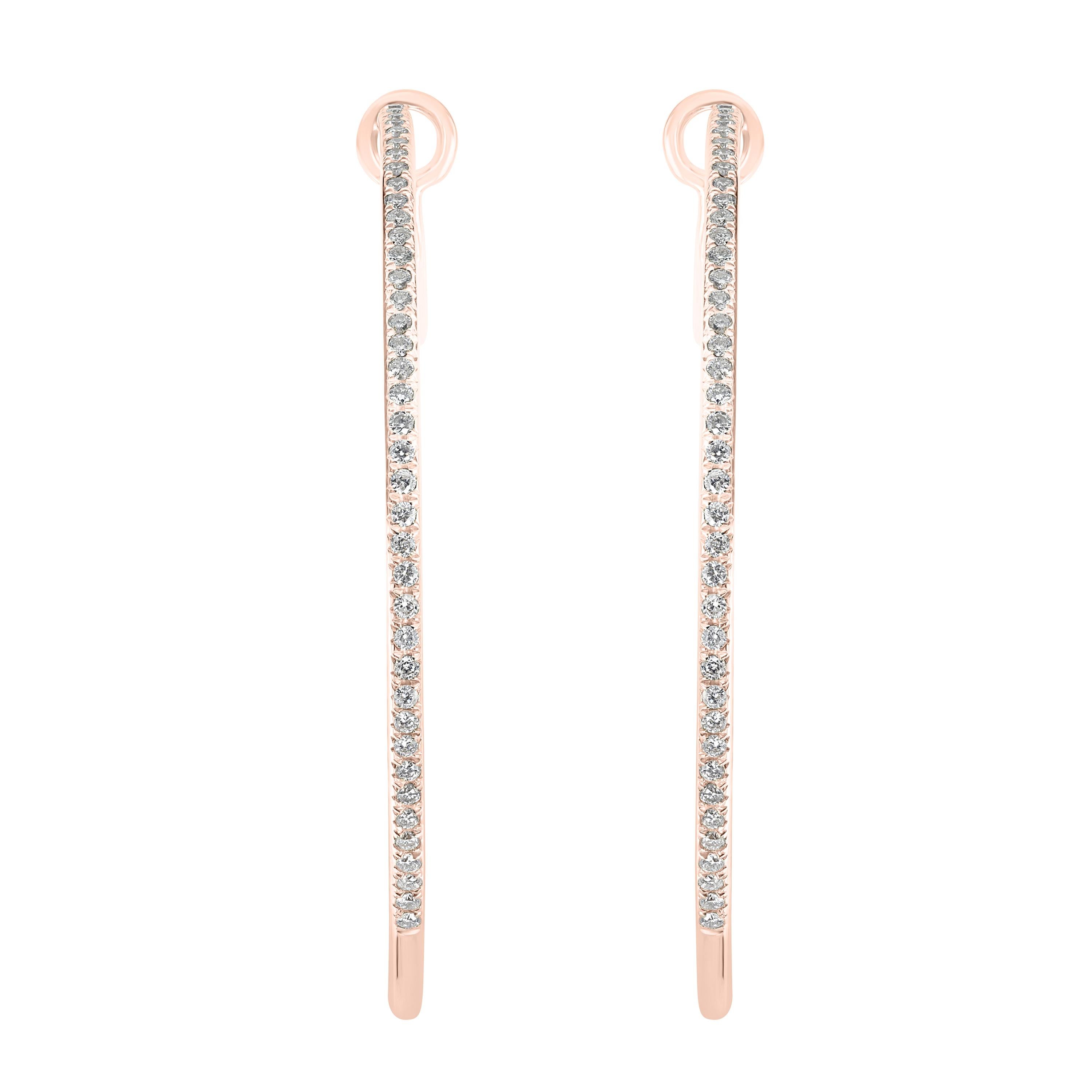 These Luxle, sparkle hoop earrings are a timeless piece of allure having 136 round single cut diamonds in a micro pave setting. Having an Omega back, the rose gold hoop earrings have diamonds weighing 0.73 cwt. The diamonds are SI in clarity and GH