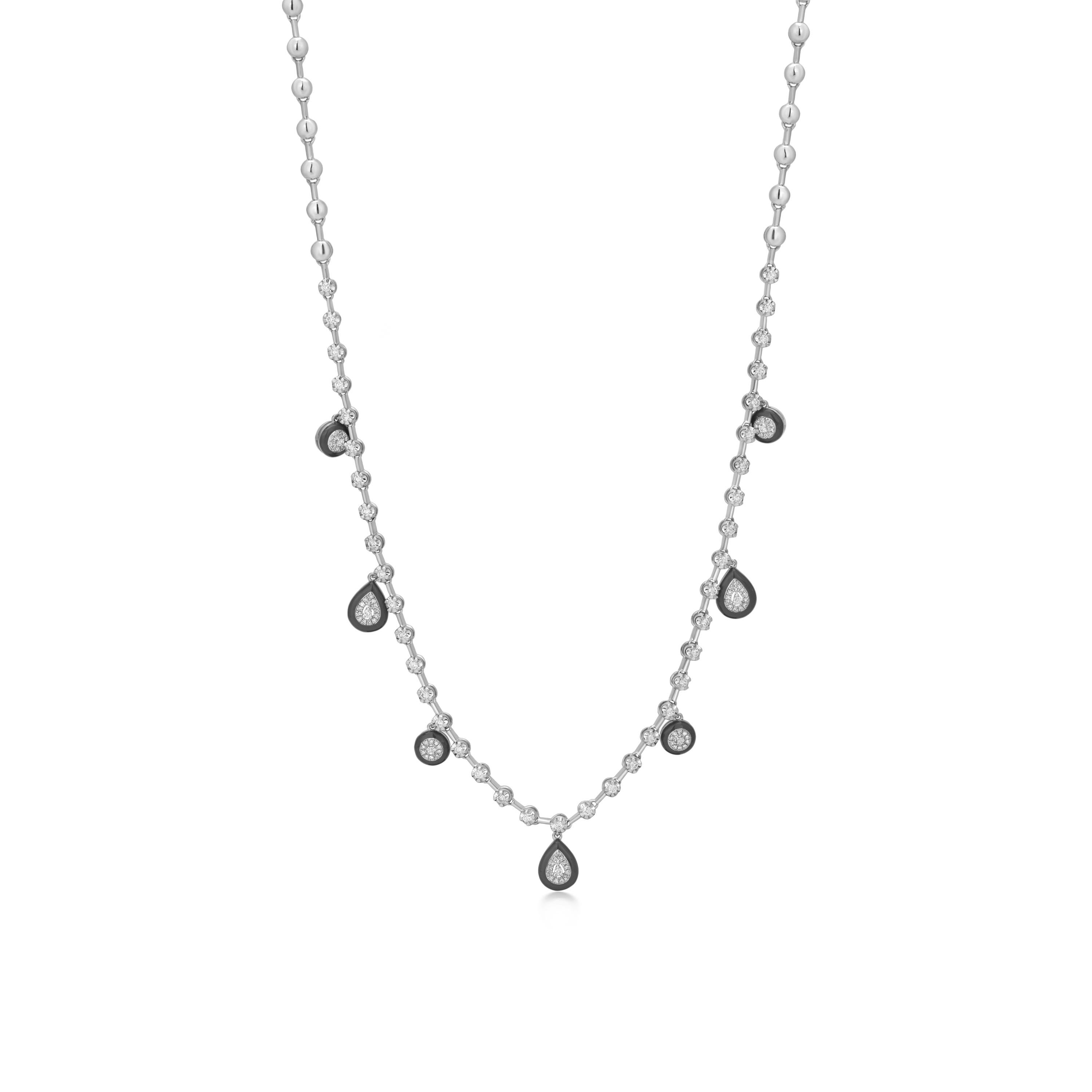 This Luxle Pear and Round charms of diamond and black enamel alternate on 18k white gold diamond-studded chain to layer your look with pops of color and elegance. Lobster clasp, diamond charm necklace. Length 15 inches.
Please follow the Luxury