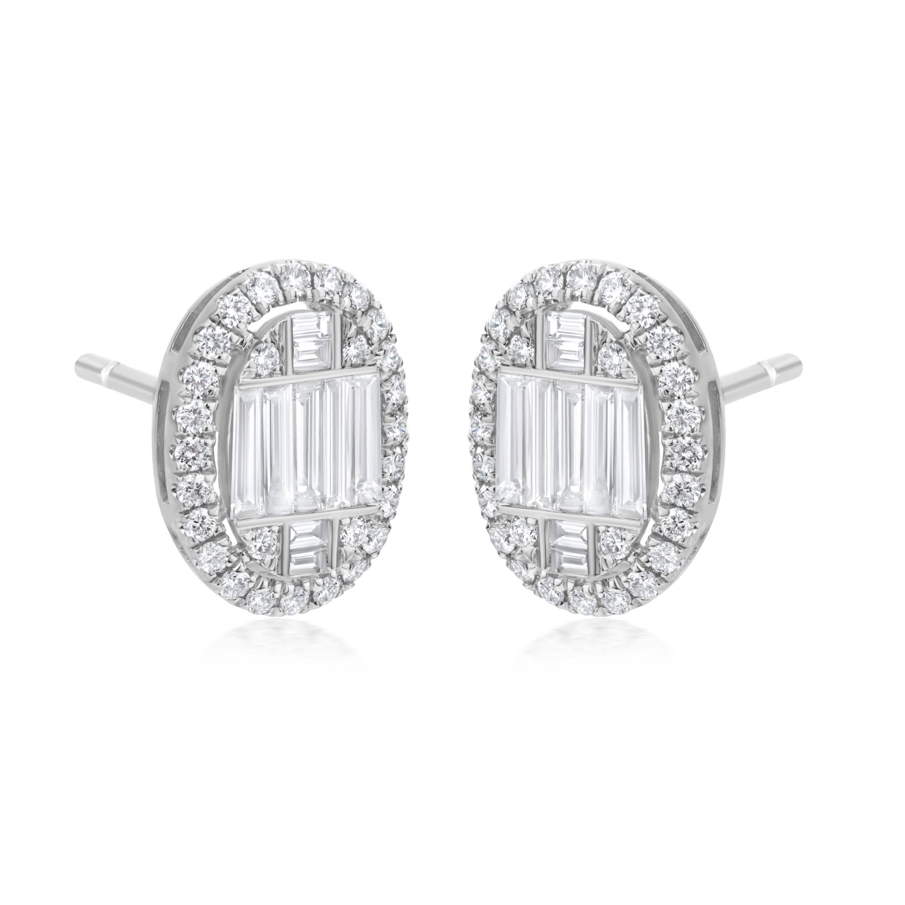 0.77Cts. Diamond Halo Stud Earrings in 18K White Gold. This bold and modern interpretation is artistically set by Luxle with round-shape and baguette clusters framed by sparkling diamond halo and set in 18k white gold. Post and Clutch Diamond stud
