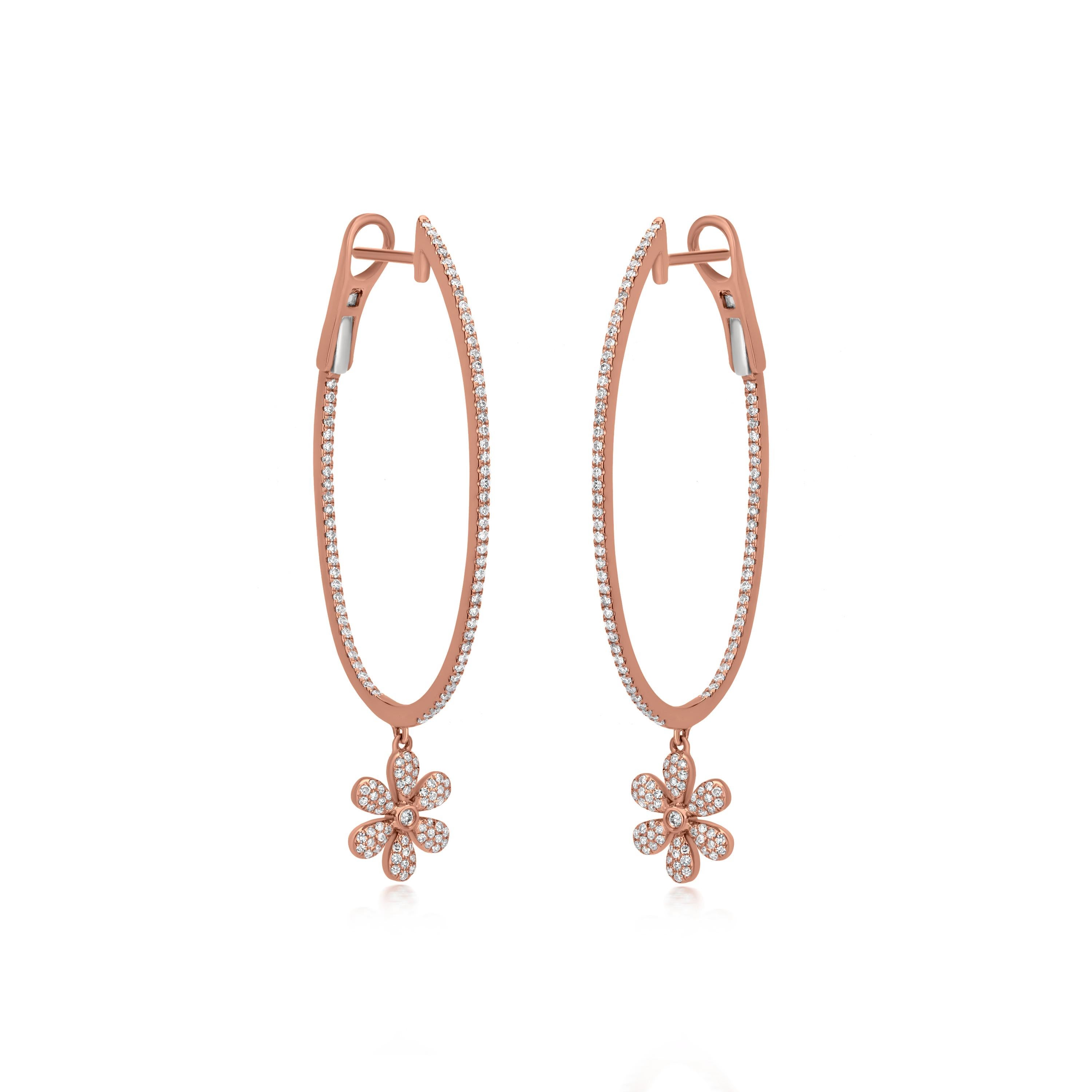 This sleek omega back pair of white diamond earring is crafted by Luxle on an 18K Rose Gold body, with a six-petalled flower in the lower dangling area. The diamonds weigh 0.81 carats, making this a lightweight pair having round single-cut and