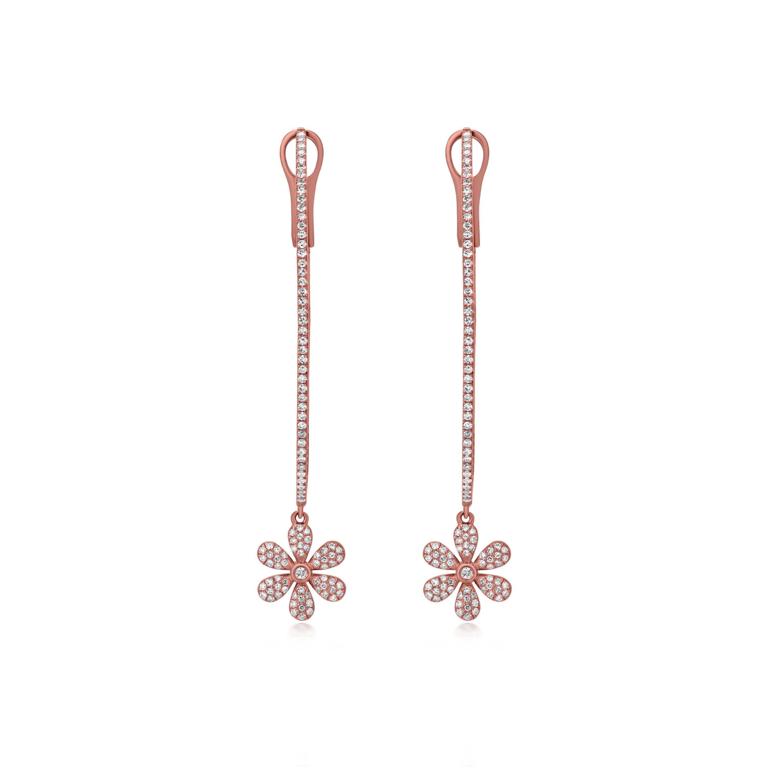 Contemporary Luxle 0.81 Carat T.W. Round Pave Diamond Dangle Hoop Earrings in 18k Rose Gold