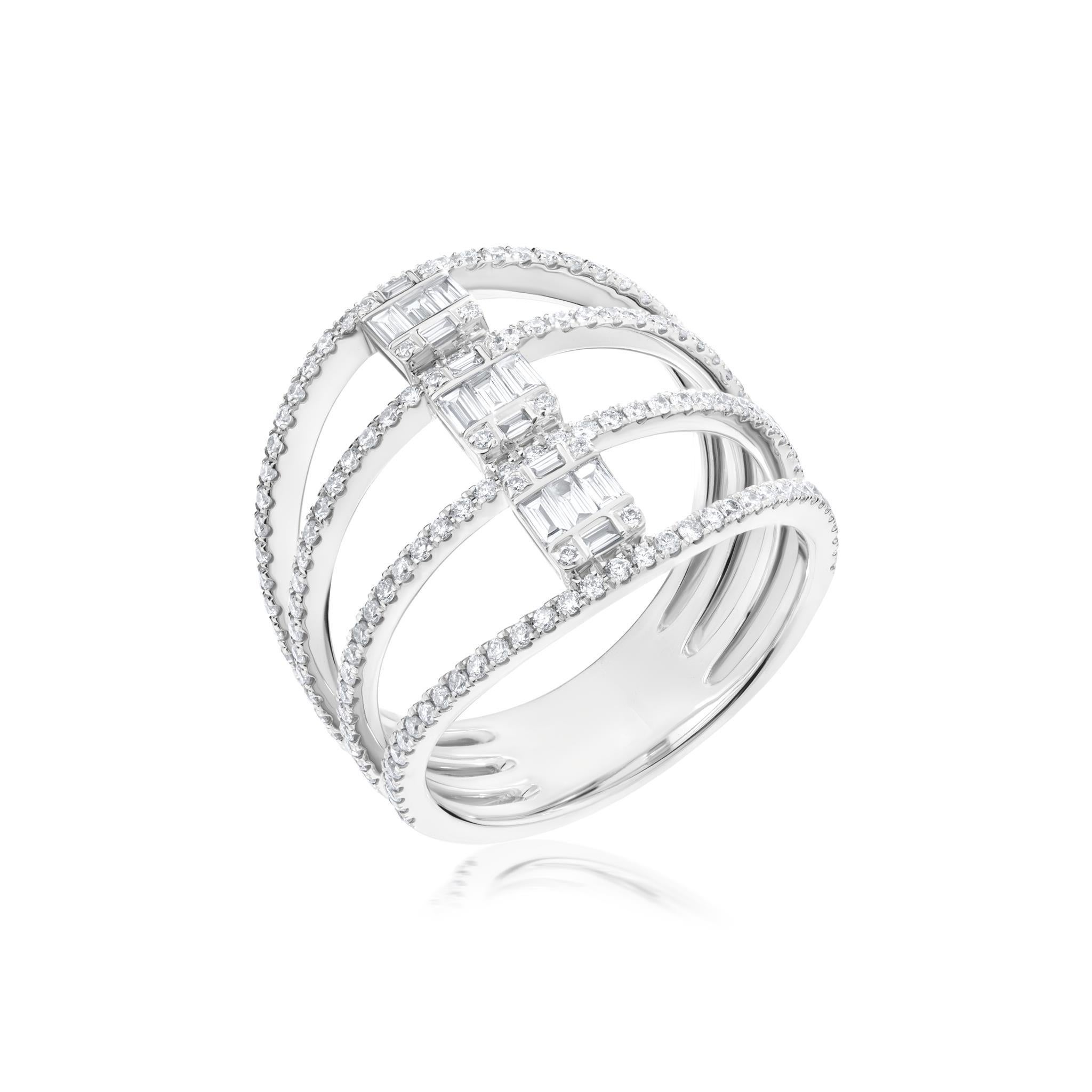 Baguette and round brilliant-cut white diamonds in micro pave and illusion setting adorn this quadruple band open work ring. Dotted with sparkling diamonds all-over the body, this Luxle ring looks like a spread deck of cards. The diamonds are SI1 in