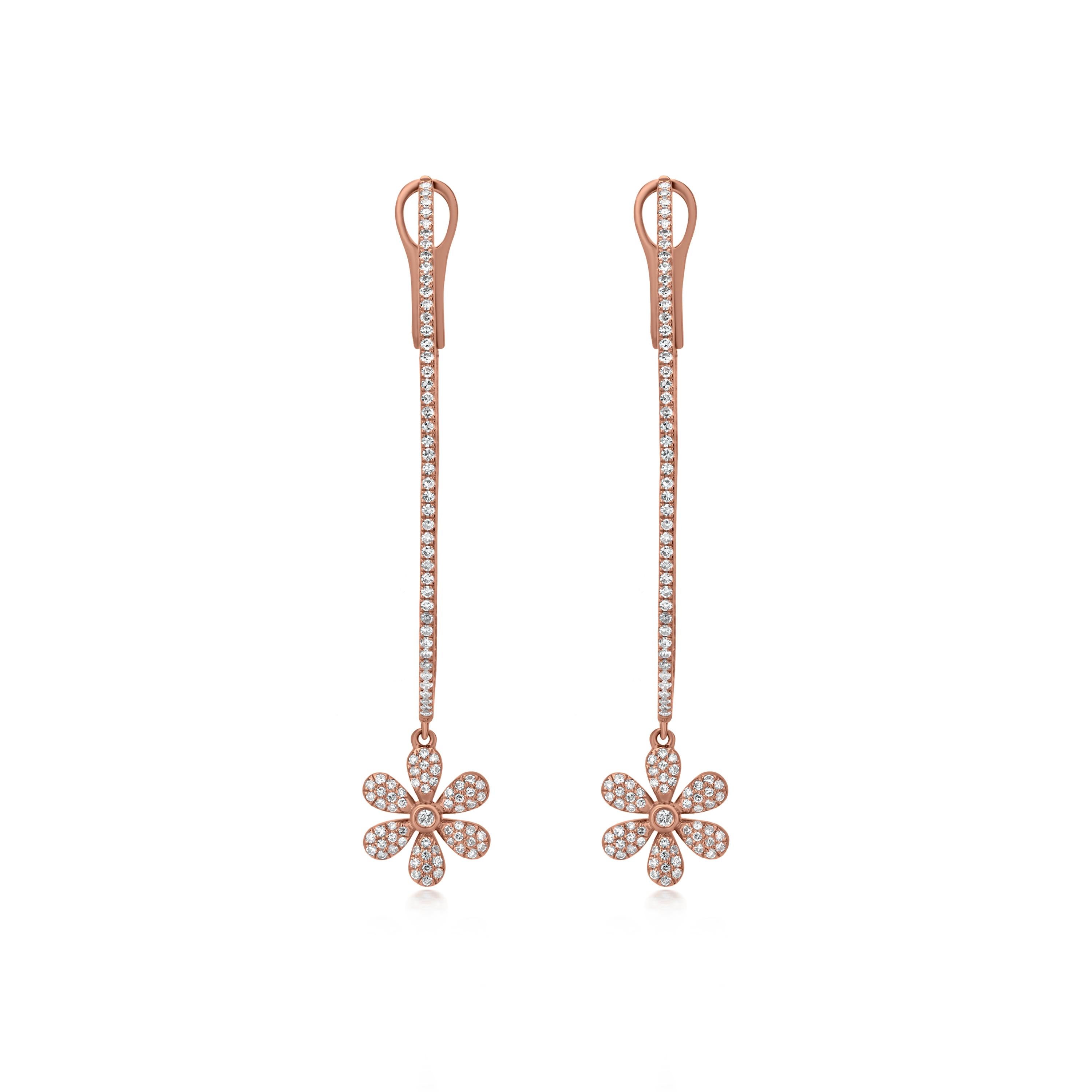 A stunning pair of Luxle 14k rose gold hoop earrings aligned with 266 pave round diamonds adorning inside and outside, as well as a gorgeous flower motif totaling 0.86 carats of diamonds framed within pave set, it has come with omega backs. The