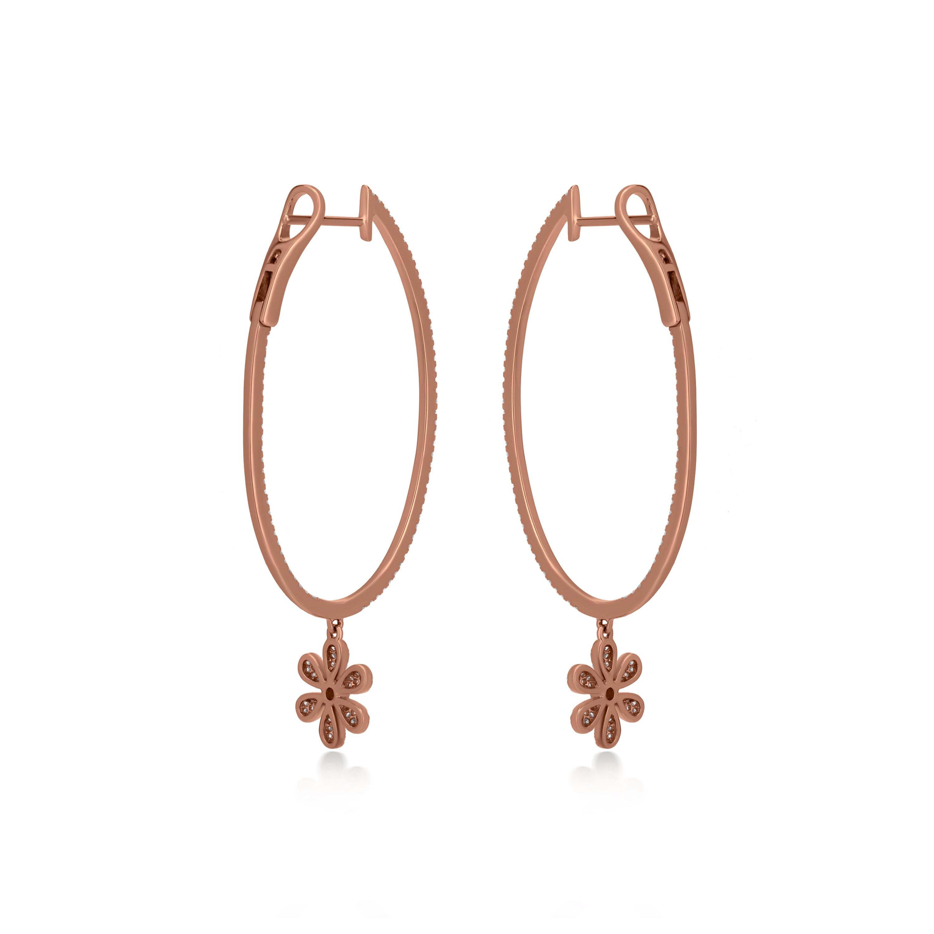 Contemporary Luxle 0.86cts. White Diamond Dangle Flower Hoop Earrings 14k Rose Gold For Sale