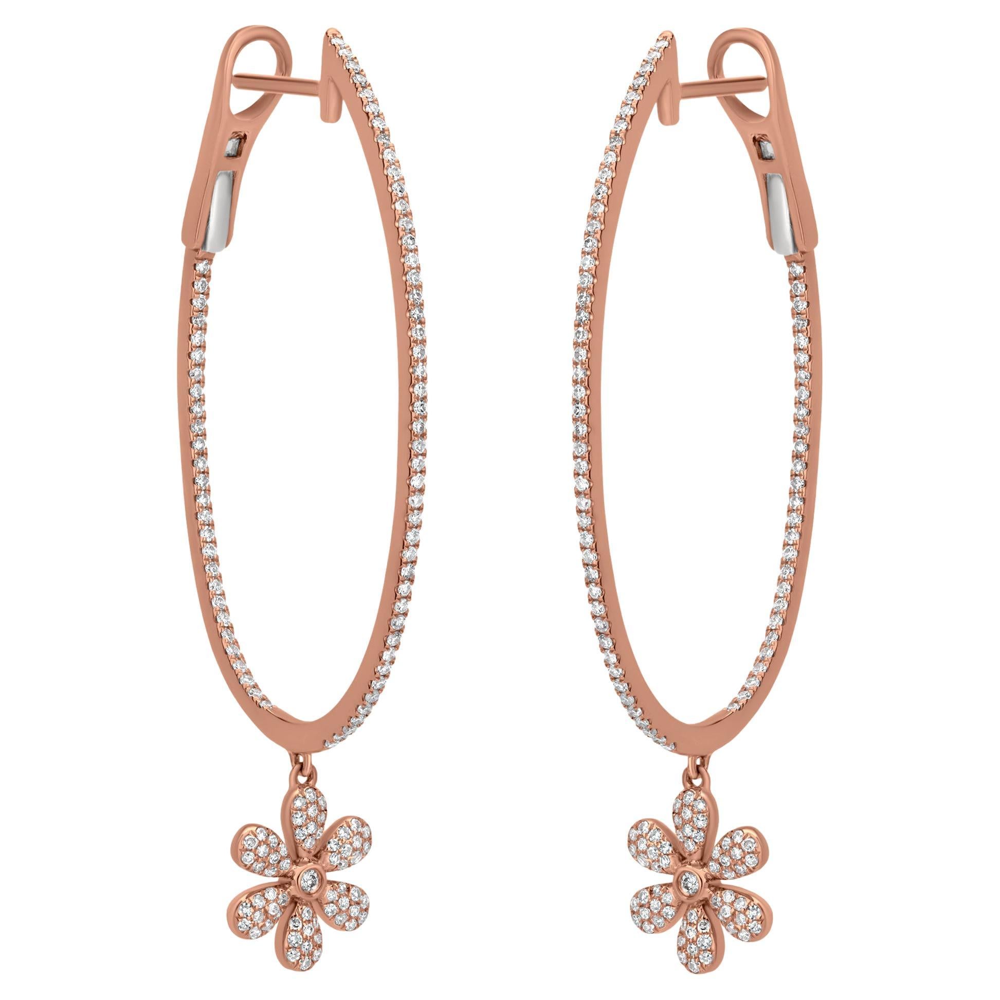 Luxle 0.86cts. White Diamond Dangle Flower Hoop Earrings 14k Rose Gold For Sale