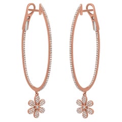 Luxle 0.86cts. White Diamond Dangle Flower Hoop Earrings 14k Rose Gold