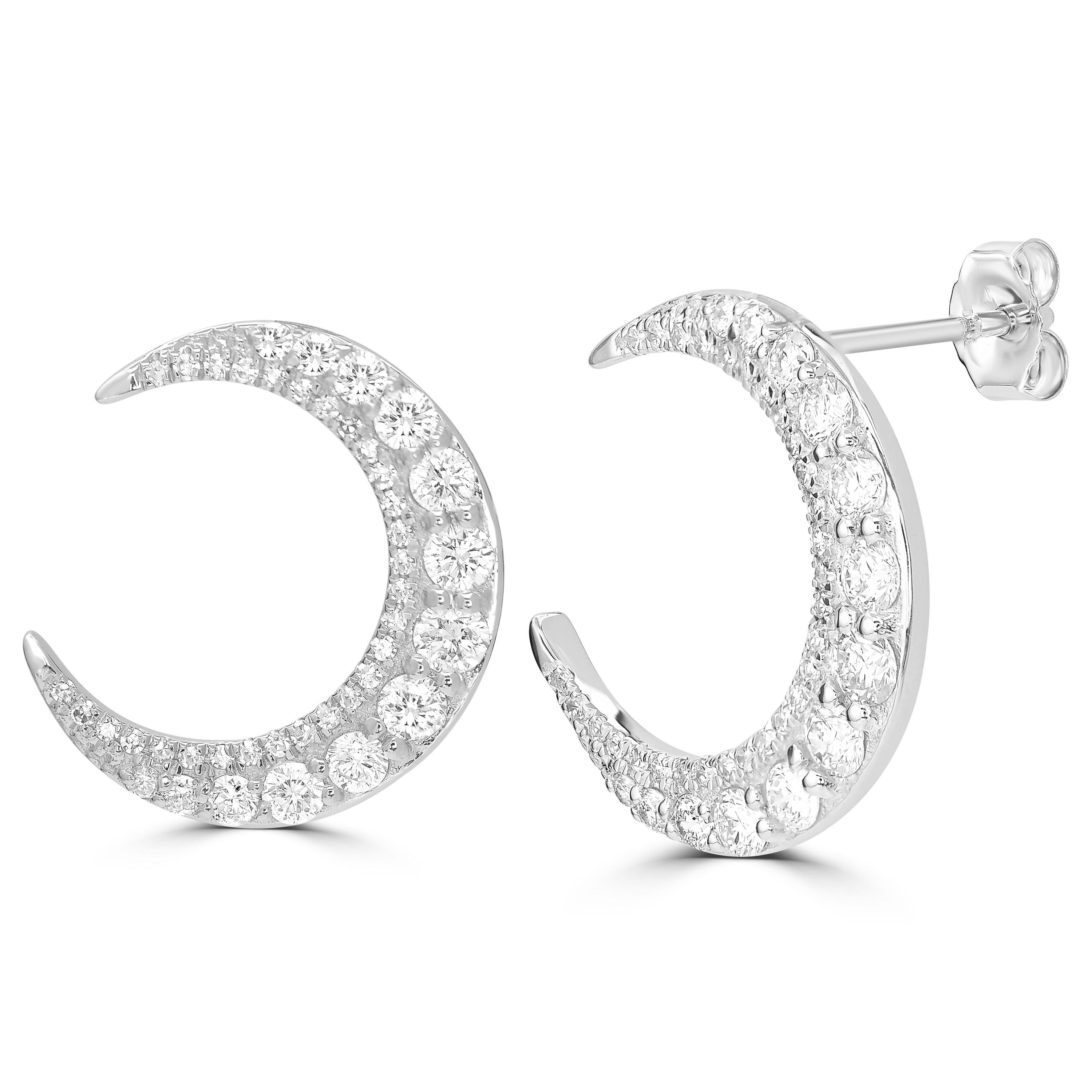 Luxle 14k White Gold Round Diamond Crescent Moon Stud Earrings, 0.88 Ct. T.W. These genuine diamond moon earrings will capture cosmic style. A magnificent piece made of 14k gold and set with 84 round full-cut diamonds. The diamonds have a GH color