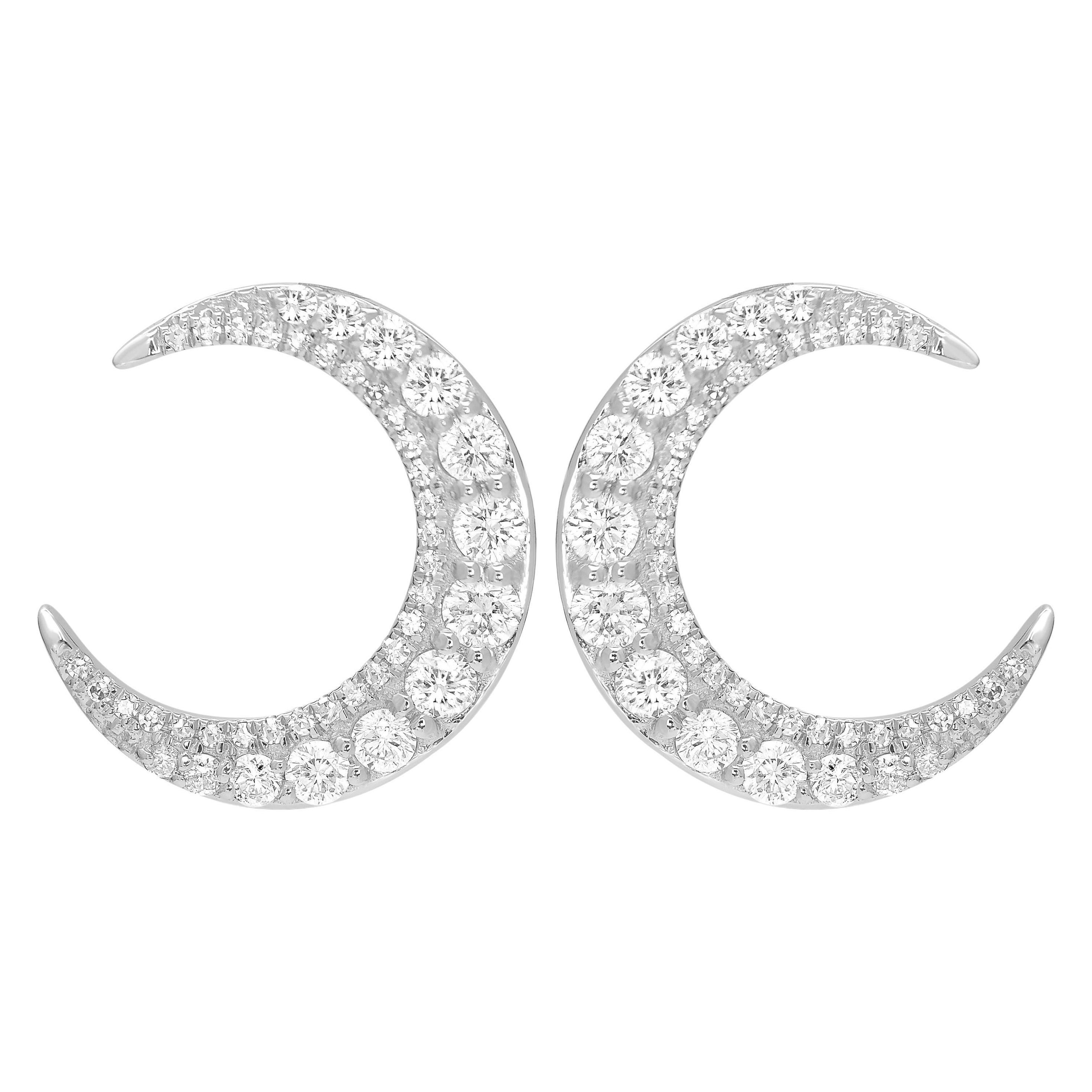 Luxle 0.88cttw. Round Diamond Crescent Moon Stud Earrings in 14k White Gold For Sale