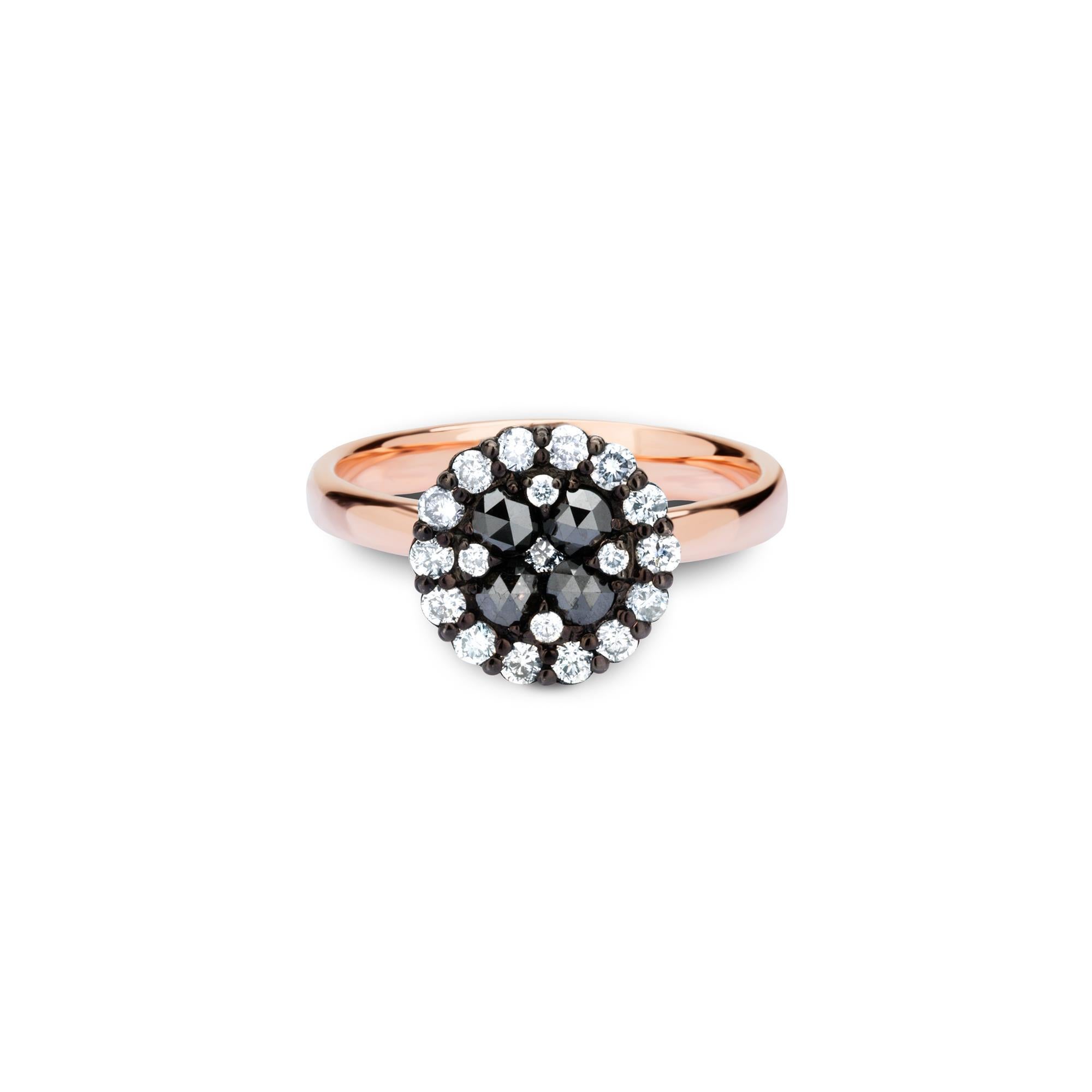 Embrace elegance with this Black and White Diamond Ring. This stunning piece features a captivating center stone of black diamonds, renowned for their deep, rich color and unique allure, surrounded by a halo of shimmering white diamonds. The