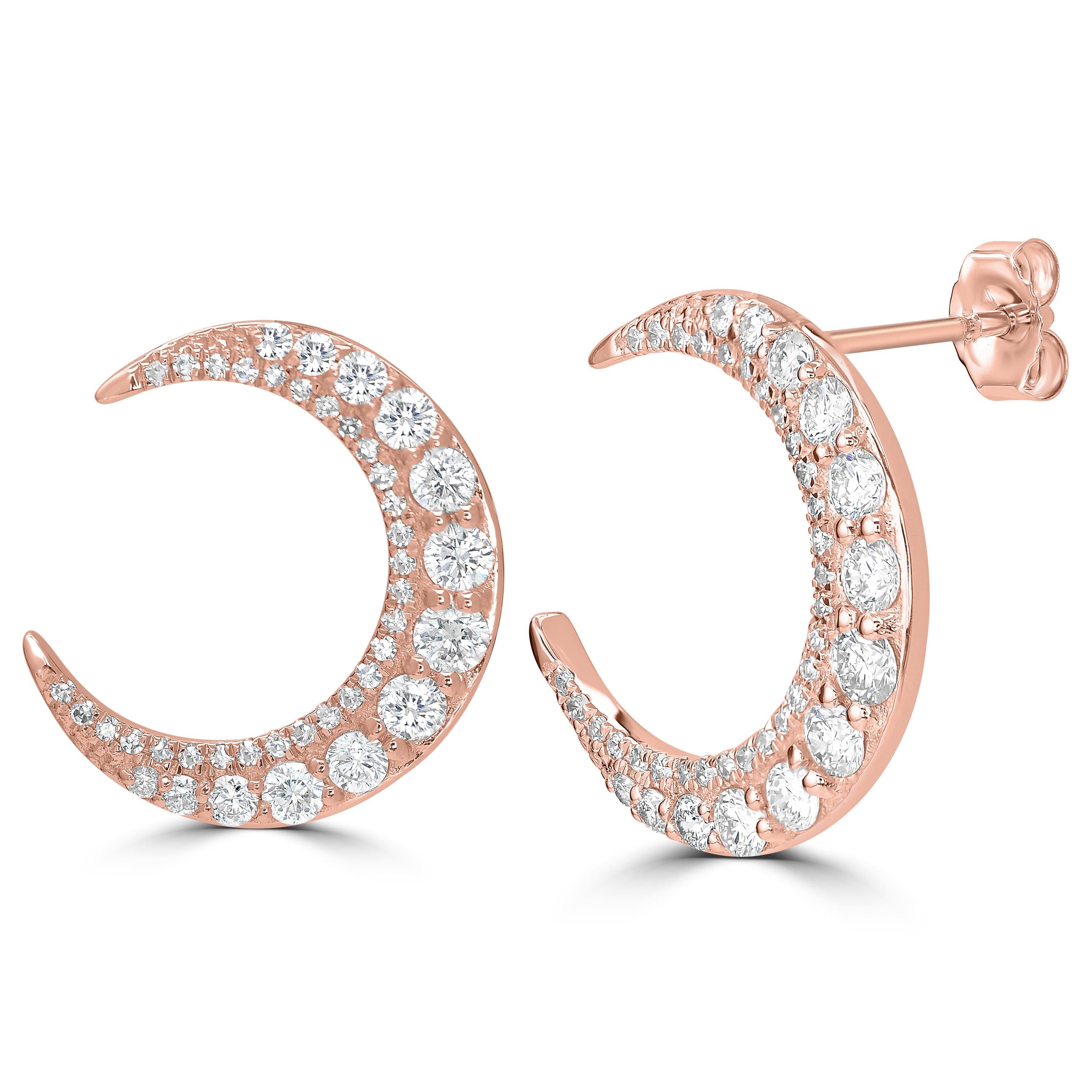 Luxle 18k Rose Gold Round Diamond Crescent Moon Stud Earrings, 0.91 Ct. T.W. These genuine diamond moon earrings will capture cosmic style. A magnificent piece made of 18k gold and set with 84 round full-cut diamonds. The diamonds have a GH color