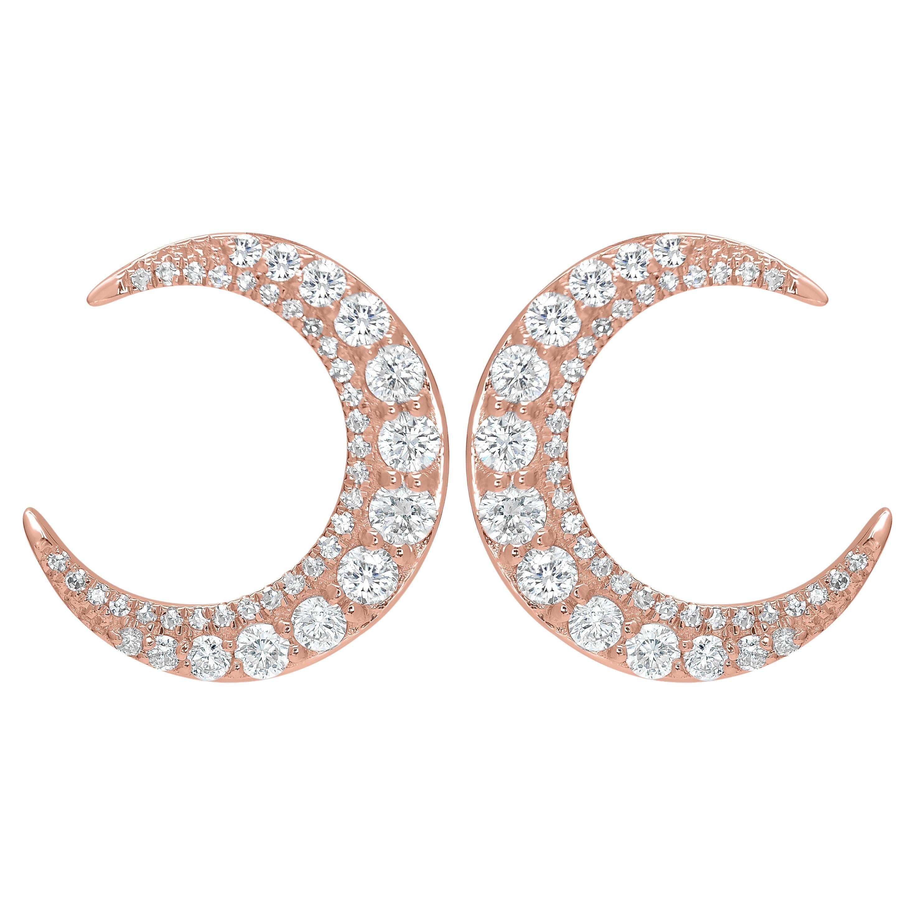Luxle 0.91 Carat T.W. Round Diamond Crescent Moon Stud Earrings in 18k Rose Gold For Sale