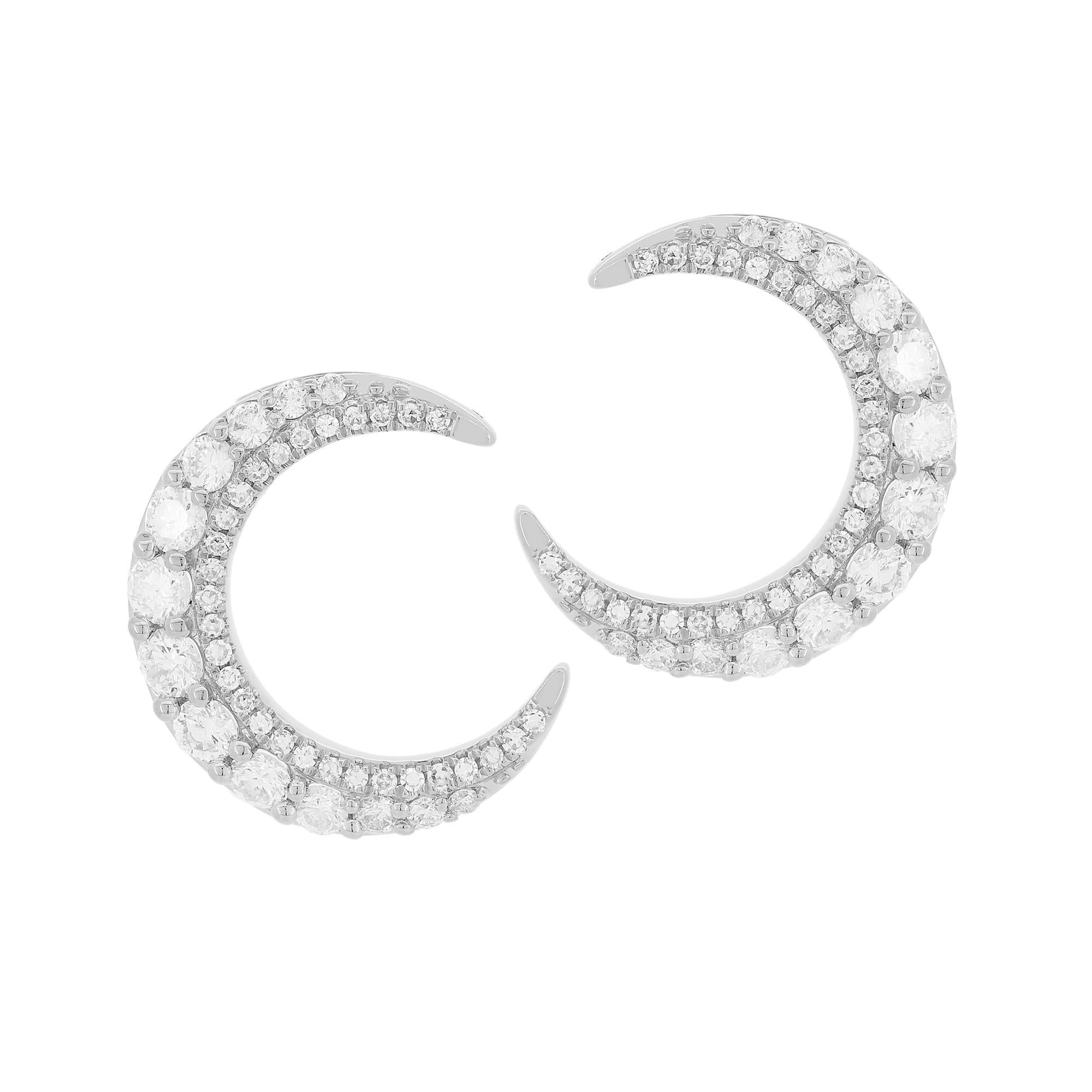 Round Cut Luxle 0.95 Cttw Natural Diamond Crescent Moon Earrings in 18K White Gold