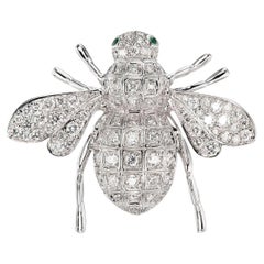 Luxle 0.93 Carat T.W. Diamond Bee Brooch with Emerald in 18k White Gold