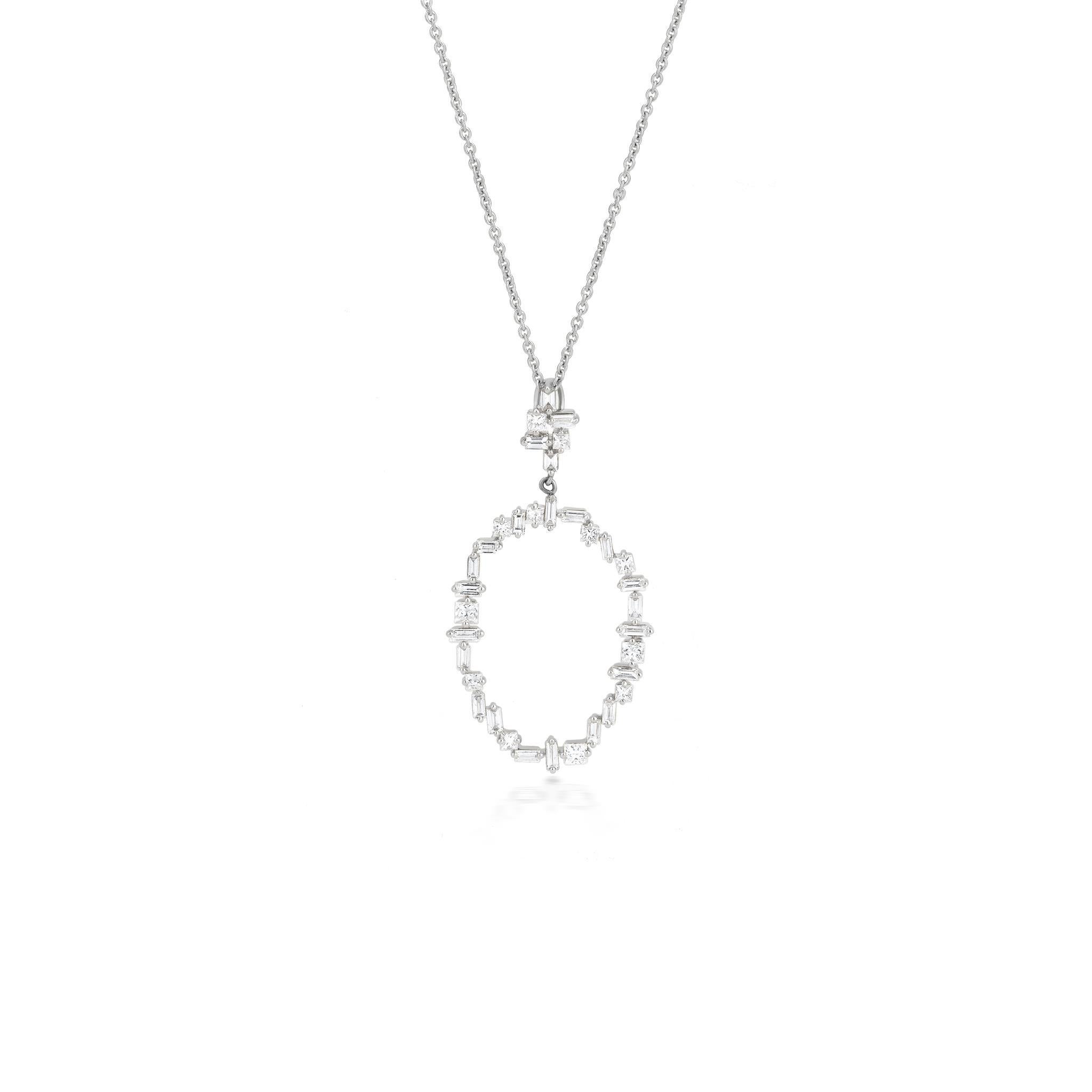 Add a touch of elegance and sophistication to your look with this stunning diamond pendant necklace. Crafted in 14k white gold, this necklace features a  cable chain that holds an oval-shaped pendant. The pendant is adorned with a harmonious mix of