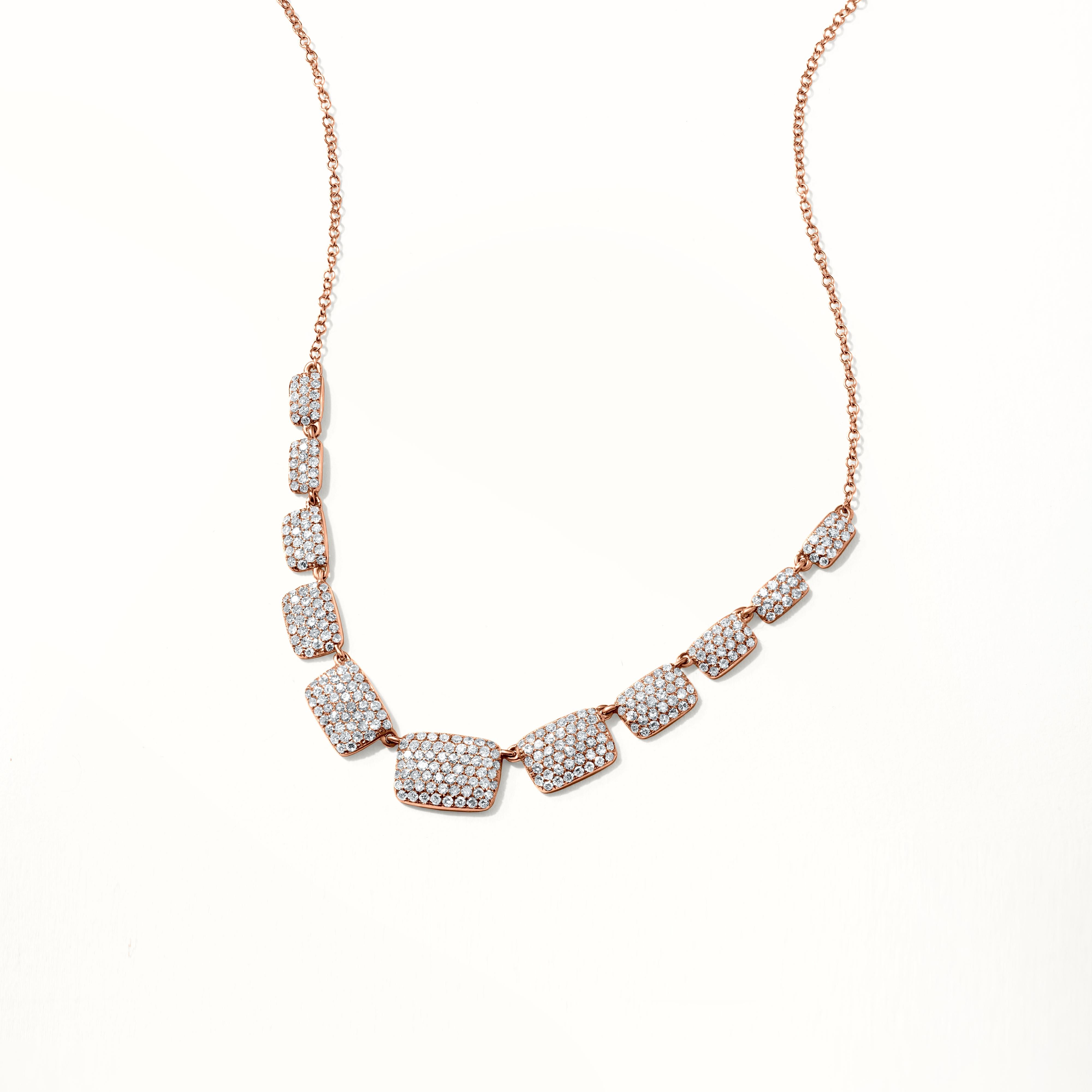 With this gorgeous piece, created by Luxle in 14K rose gold, embrace your neckline. The entire necklace showcases 325 round diamonds. Minimal, stylish, which looks modern, appears effortless perfect for your cocktail evenings. The diamonds have a