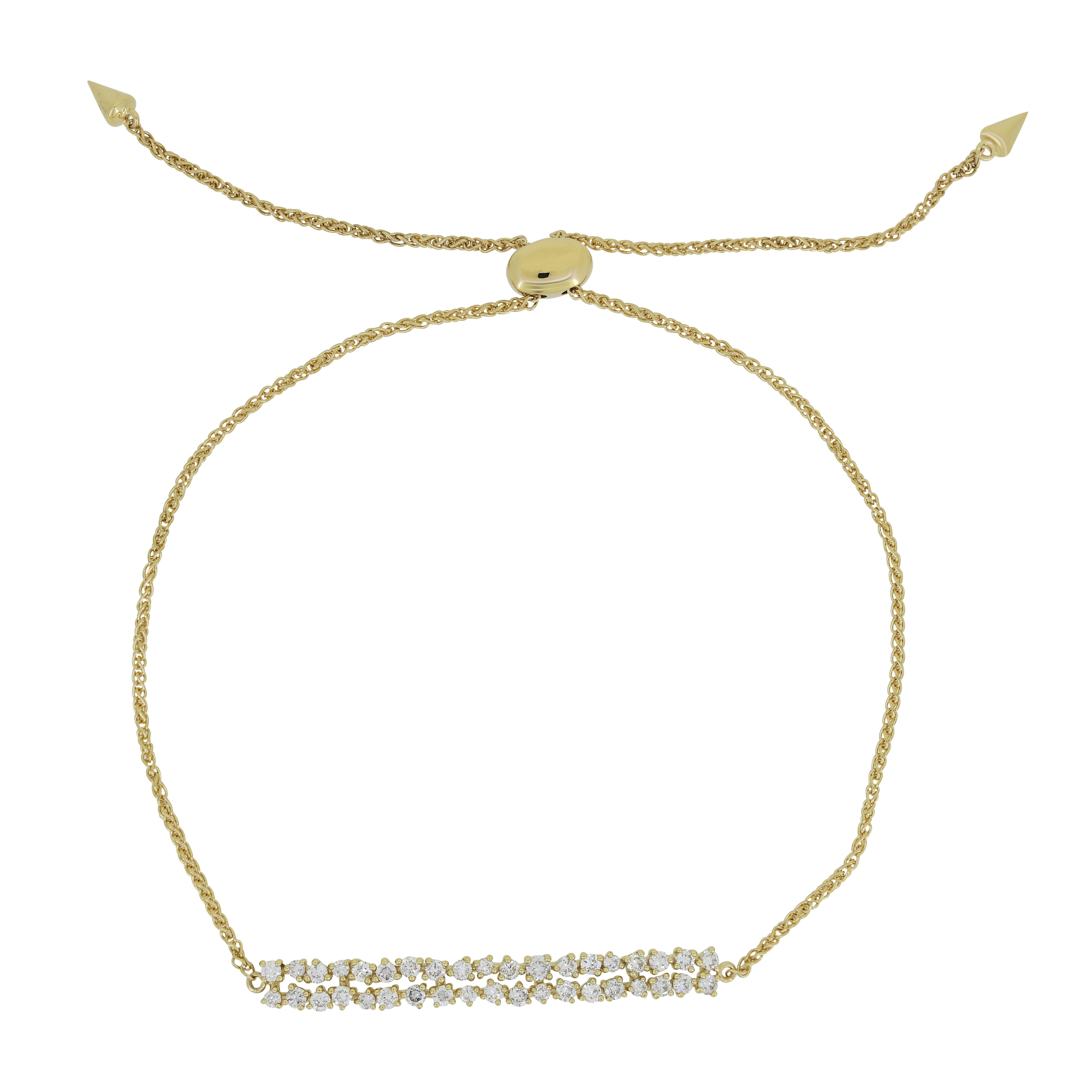 Striking in its simplicity, 0.50 Cts round brilliant-cut diamonds are set precisely in two rows crafted by Luxle in 14K Yellow Gold. This bracelet features a minimal design that's subtle enough to wear every day and comes with a bolo clasp.
Please