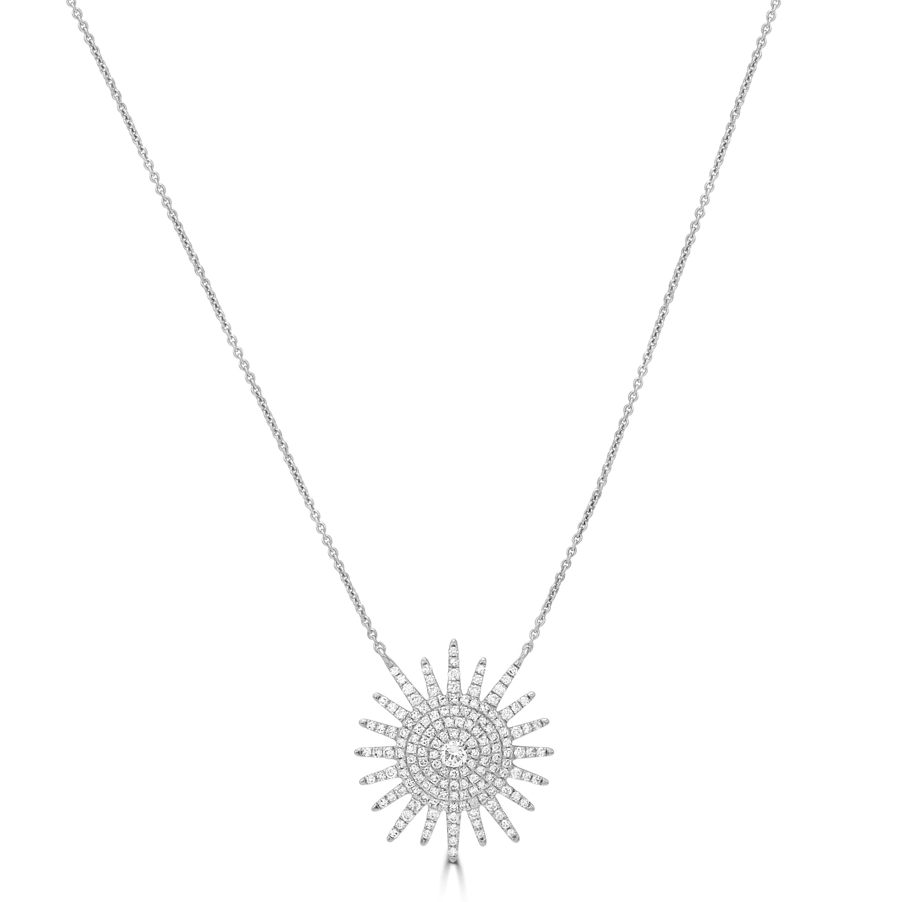 You're sure to shine whenever you wear this Luxle 14k gold diamond starburst pendant. Featuring 0.50 carats of round full-cut diamonds in starburst pendant set in 14K white gold. This pendant necklace, which hangs from a gold rolo chain, is stunning