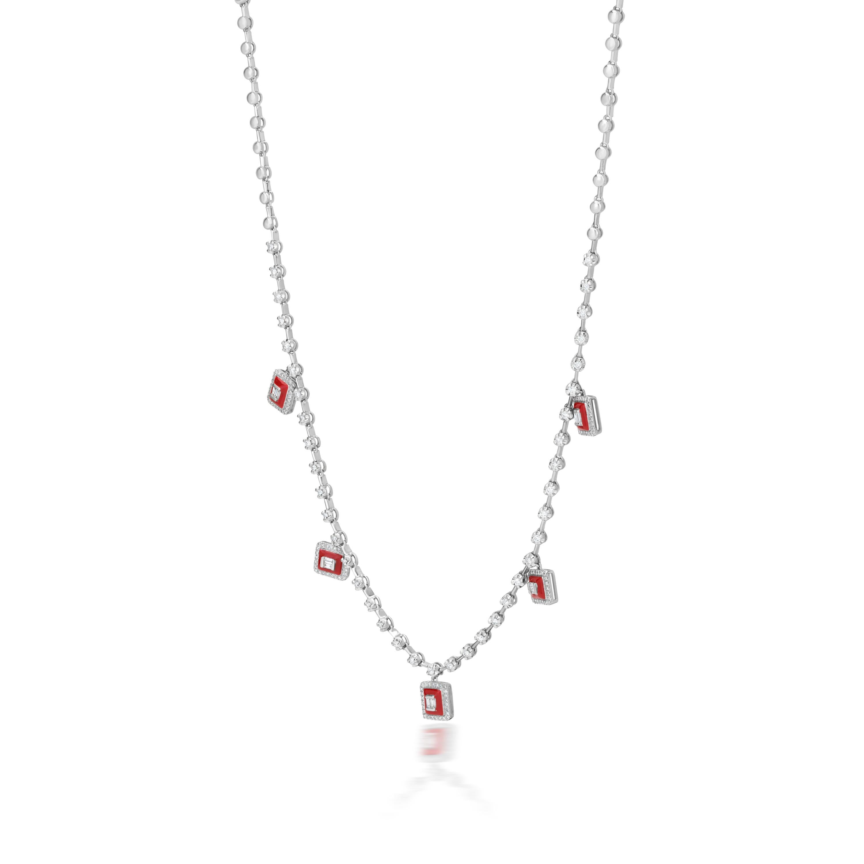 These Luxle Five rectangular charms are set in 18k white gold to depict a frame containing baguette diamond at center surrounded by red enamel and haloed by pave diamond rounds. The charms mesmerizingly hang from diamond studded gold chain.  Lobster