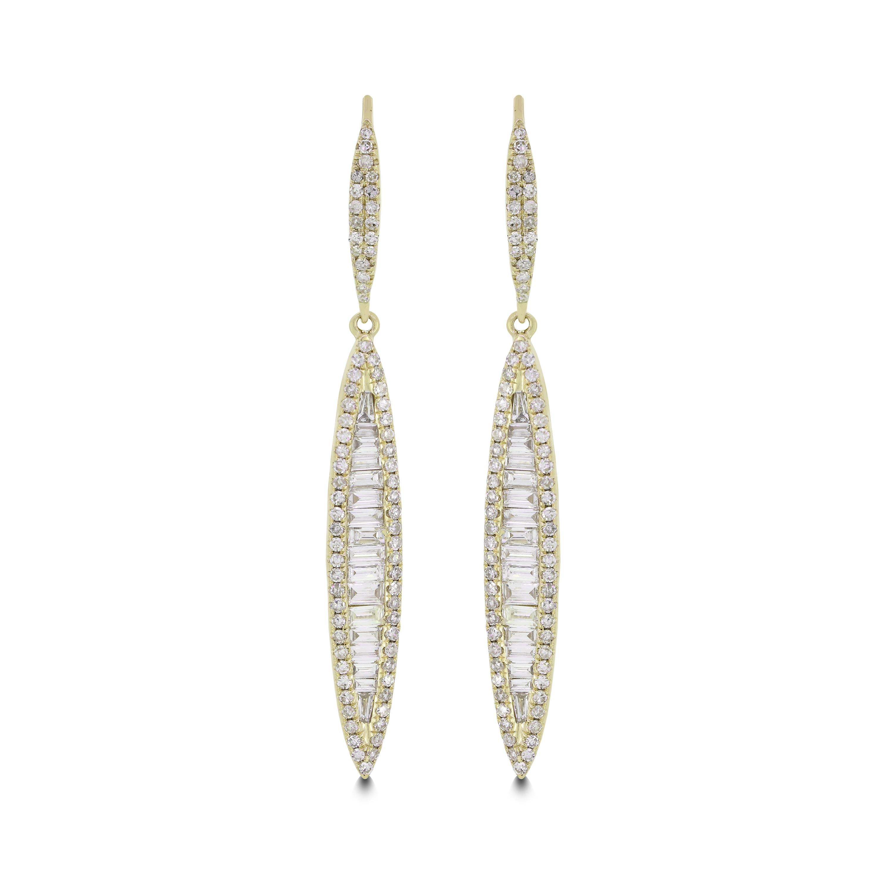 Elevate your ensemble with this Luxle gorgeous pair of drop earrings encrusted with a row of baguettes framed in pave round diamonds set in 18k yellow gold.

Please follow the Luxury Jewels storefront to view the latest collections & exclusive one