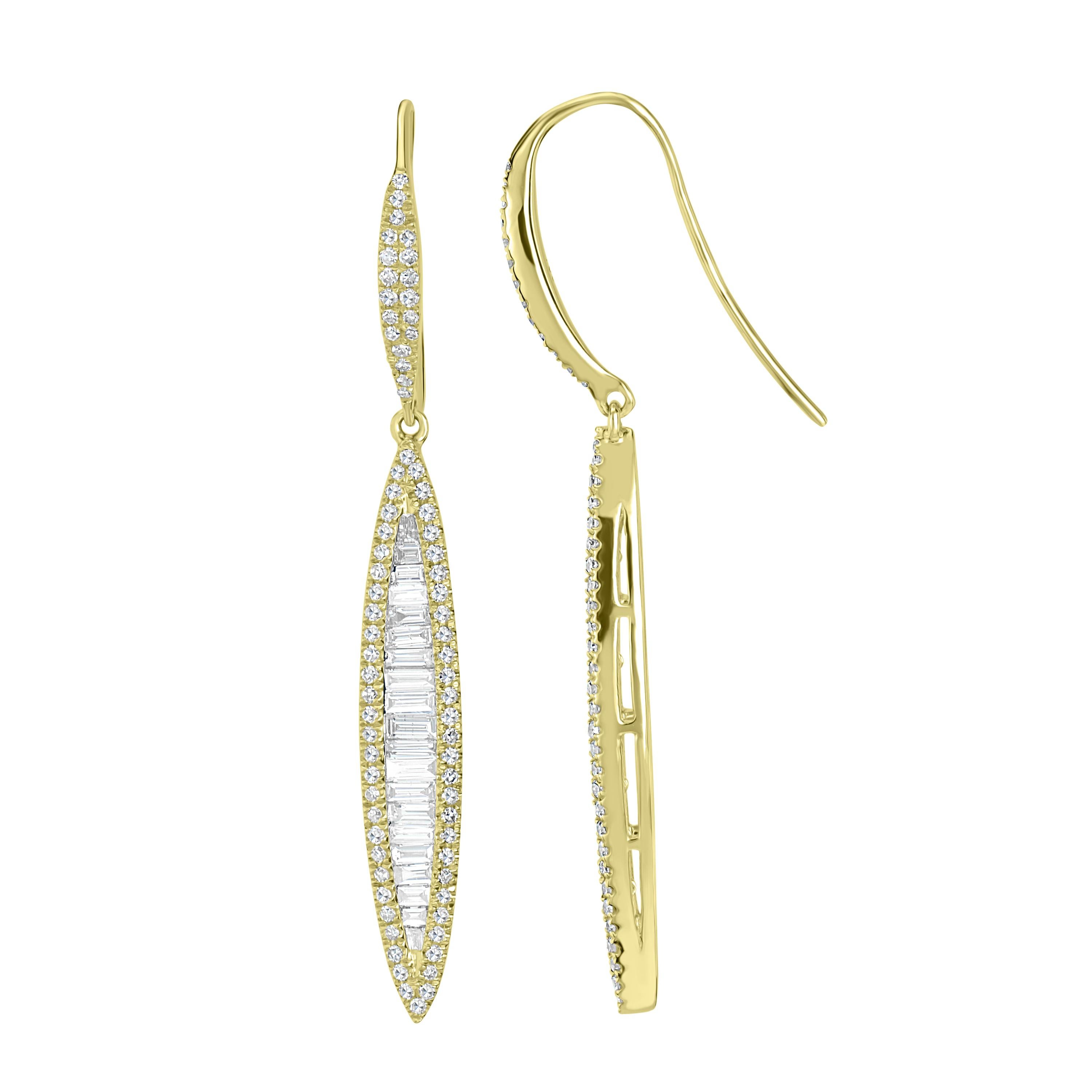 Baguette Cut Luxle 1.03 Ct T.W Baguette and Round Diamond Dangle Earrings in 18k Yellow Gold For Sale