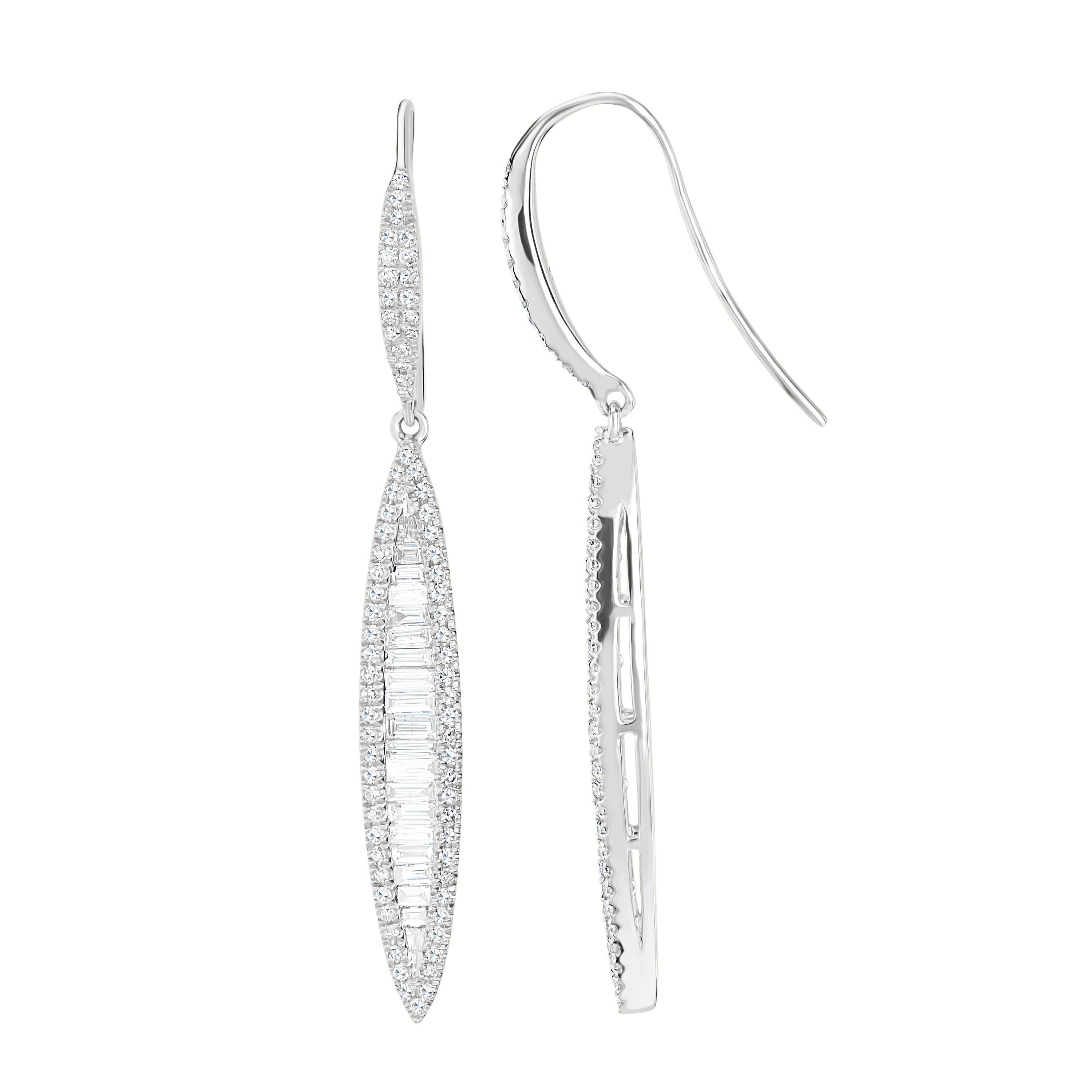 Contemporary Luxle 1.05 Carat T.W Baguette Diamond Linear Drop Earrings in 18k White Gold For Sale