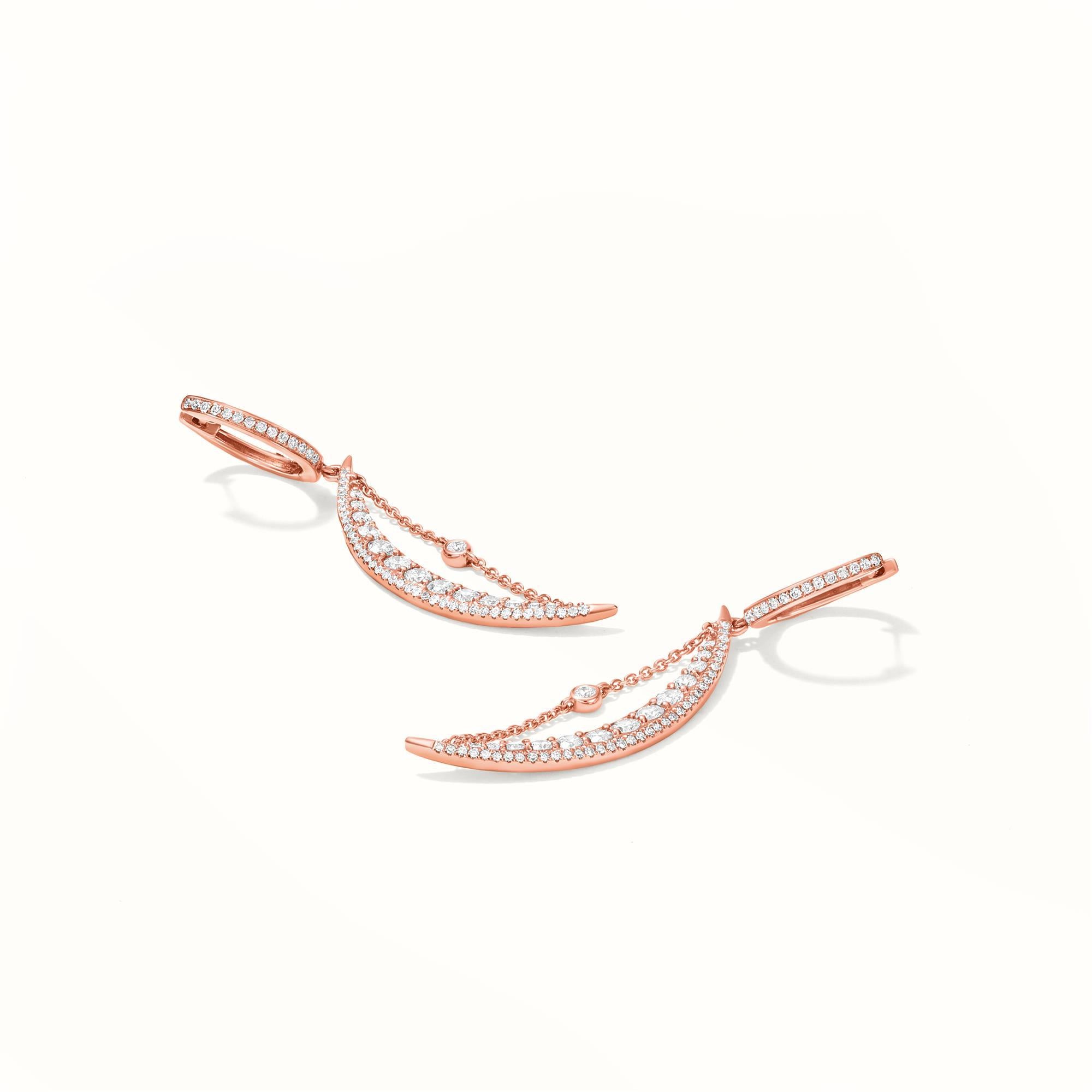 Luxle 1.13 Ct. T.W. Round Diamond Crescent Moon Drop Earrings in 14k Rose Gold In New Condition For Sale In New York, NY