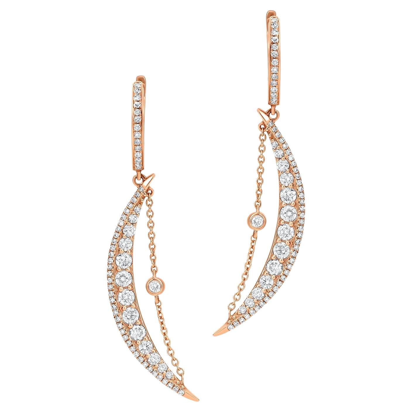 Luxle 1.13 Ct. T.W. Round Diamond Crescent Moon Drop Earrings in 14k Rose Gold For Sale