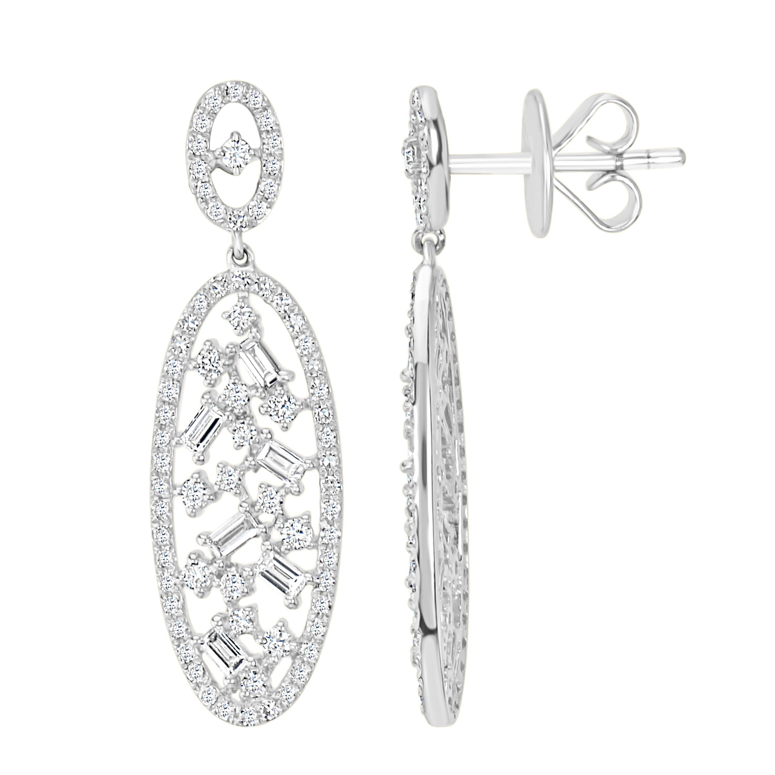 A serene combination of baguette and round diamonds Luxle 1.13 Ct total weight arranged in an oval drop design adorns this pair of classic earrings handcrafted in 14K white gold.
Please follow the Luxury Jewels storefront to view the latest