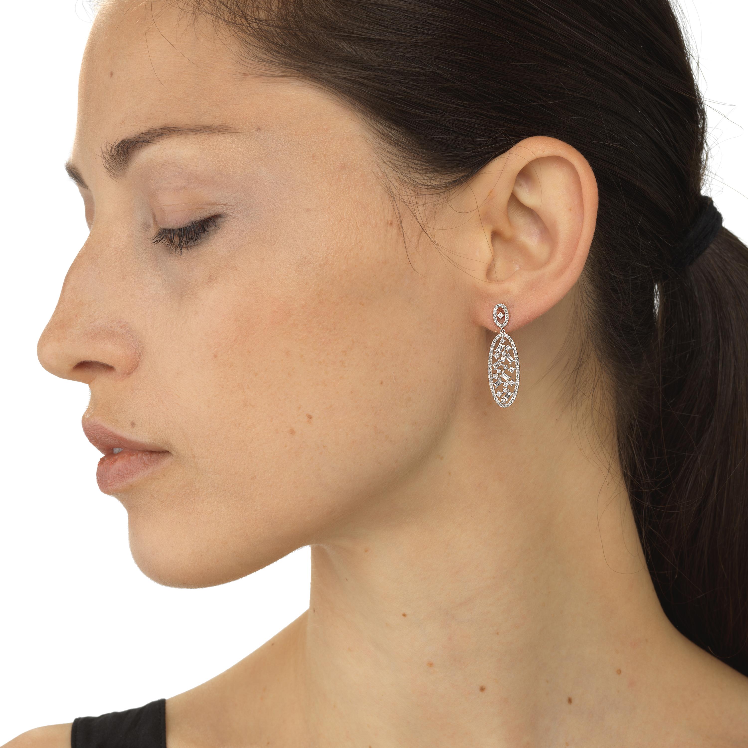 Baguette Cut Luxle 1.13cts Dangle Diamond Earring in 14 Karat White Gold For Sale