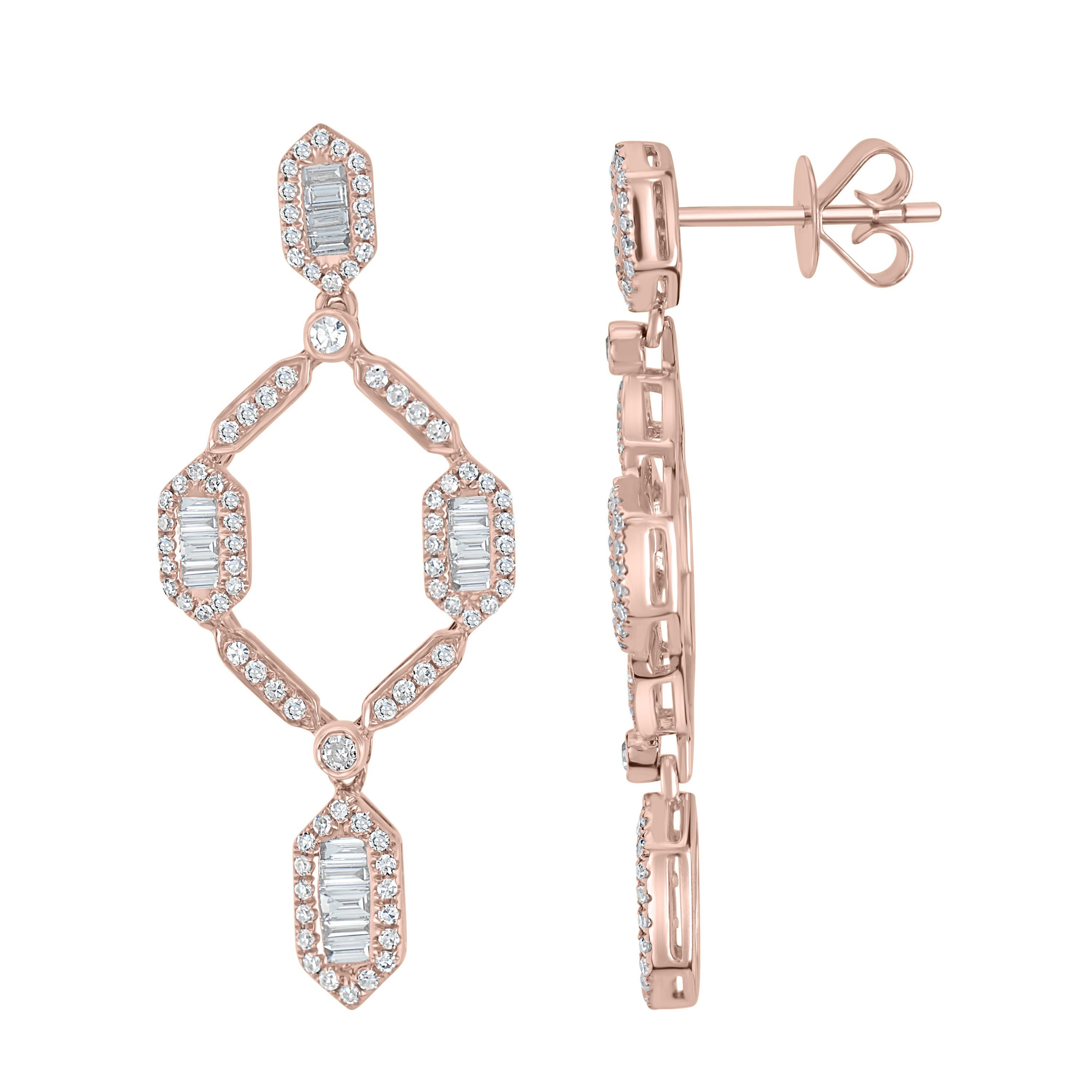 These Luxle Drop earrings are featured with smaller and larger diamonds embellished in an open frame design. Each pair consists of 34 baguette diamonds and 168 round diamonds on pave. These earrings come with gold posts and push-backs.

Please