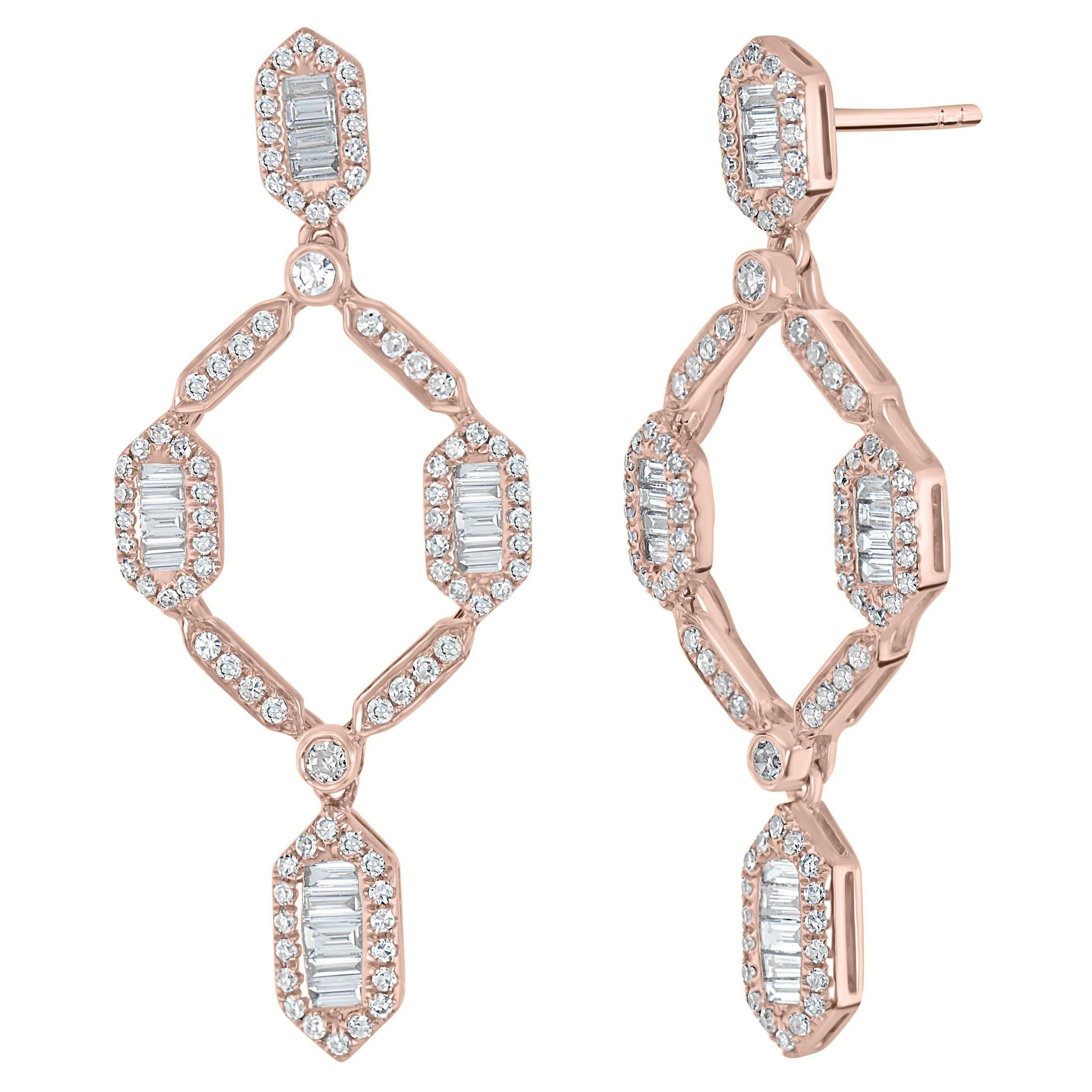 Luxle 1.15ct T.W. Baguette Diamond Open Frame Drop Earrings 14k Rose Gold For Sale