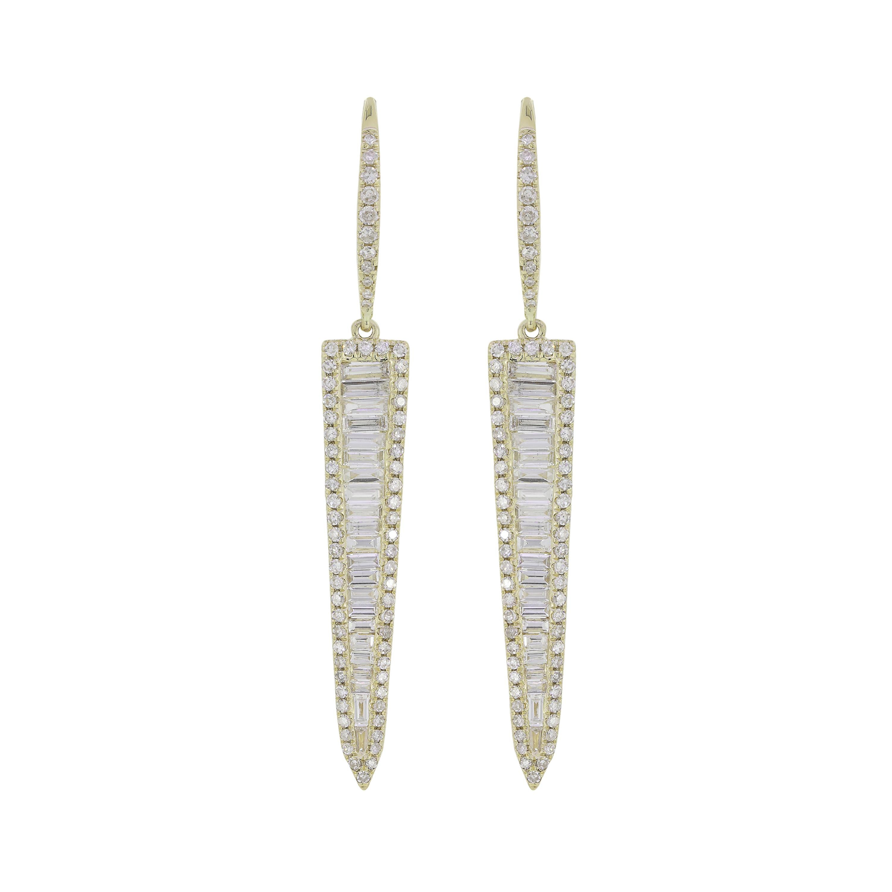 Featured with a triangular drop studded with baguette diamonds framed within pave round diamonds by Luxle. These earrings are made of 138 round diamonds and 42 baguette diamonds. They have an ear wire back.

Please follow the Luxury Jewels