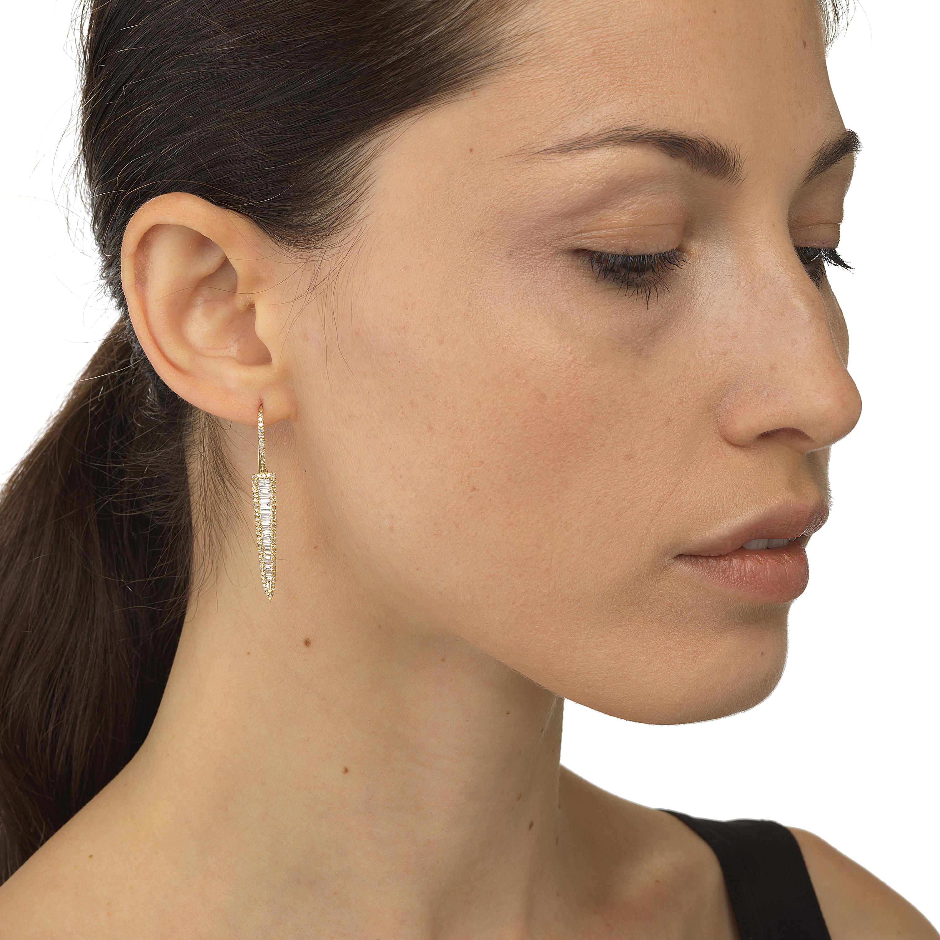 Single Cut Luxle 1.24 Carat T.W Baguette Diamond Triangle Drop Earrings in 18k Yellow Gold For Sale