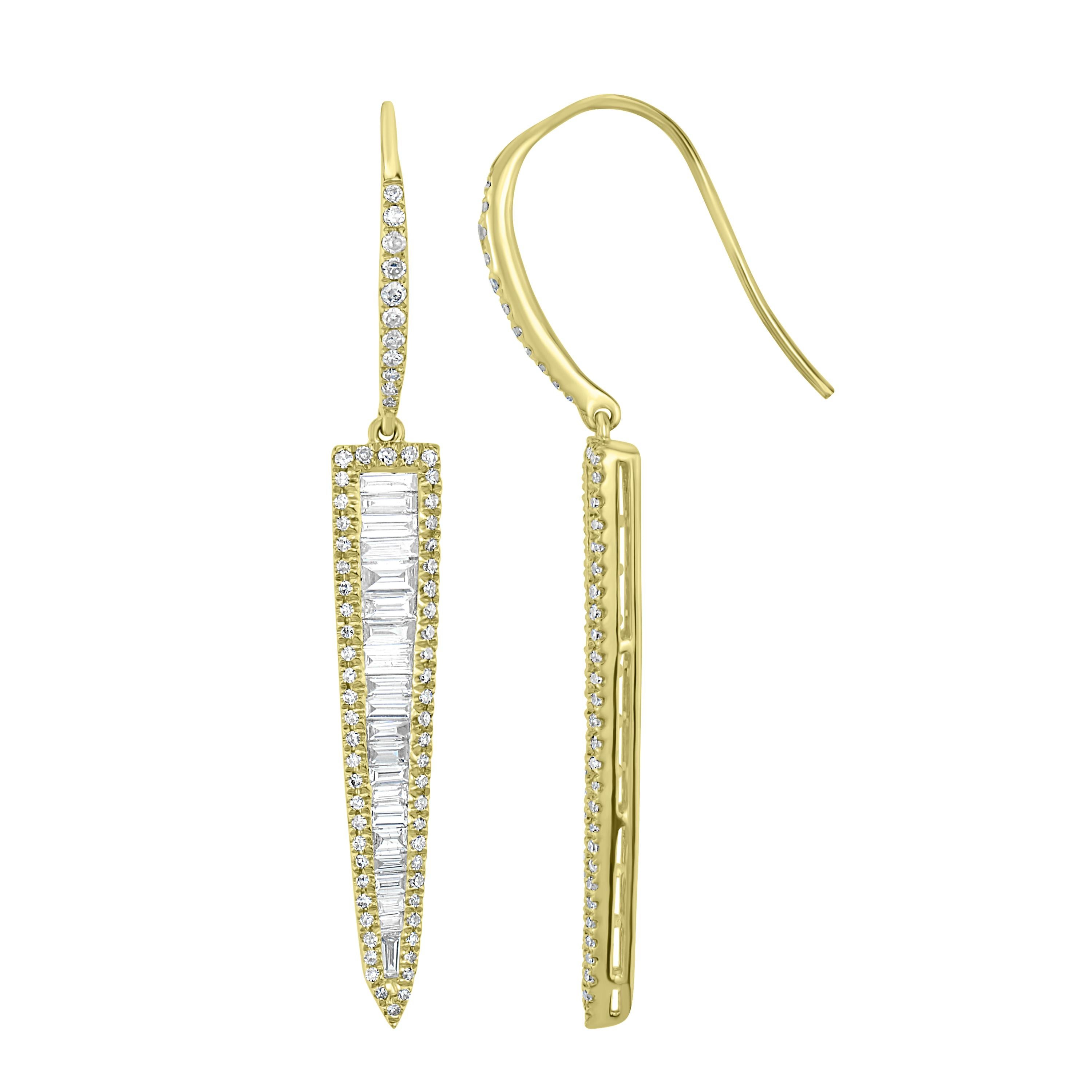 Women's Luxle 1.24 Carat T.W Baguette Diamond Triangle Drop Earrings in 18k Yellow Gold For Sale