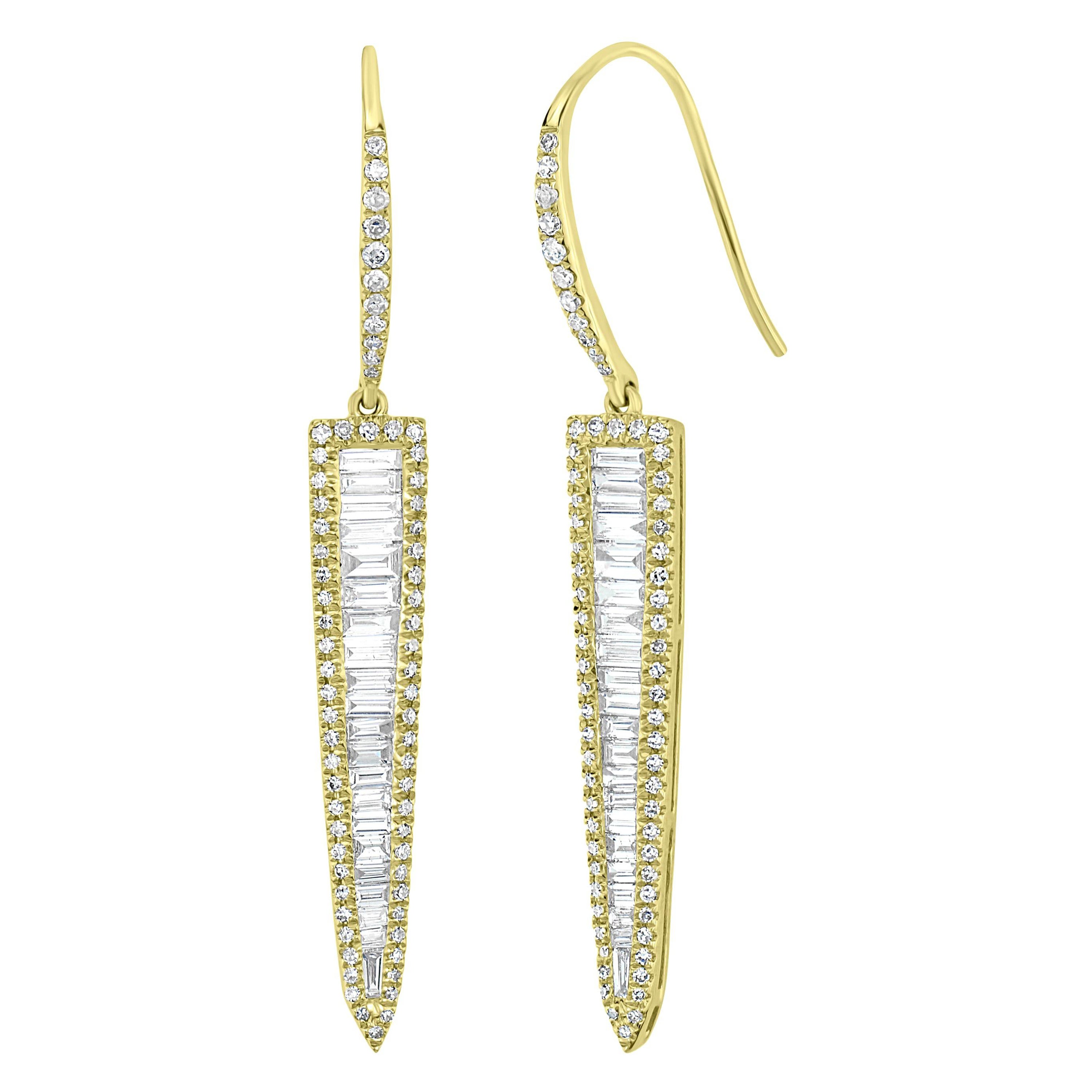 Luxle 1.24 Carat T.W Baguette Diamond Triangle Drop Earrings in 18k Yellow Gold For Sale