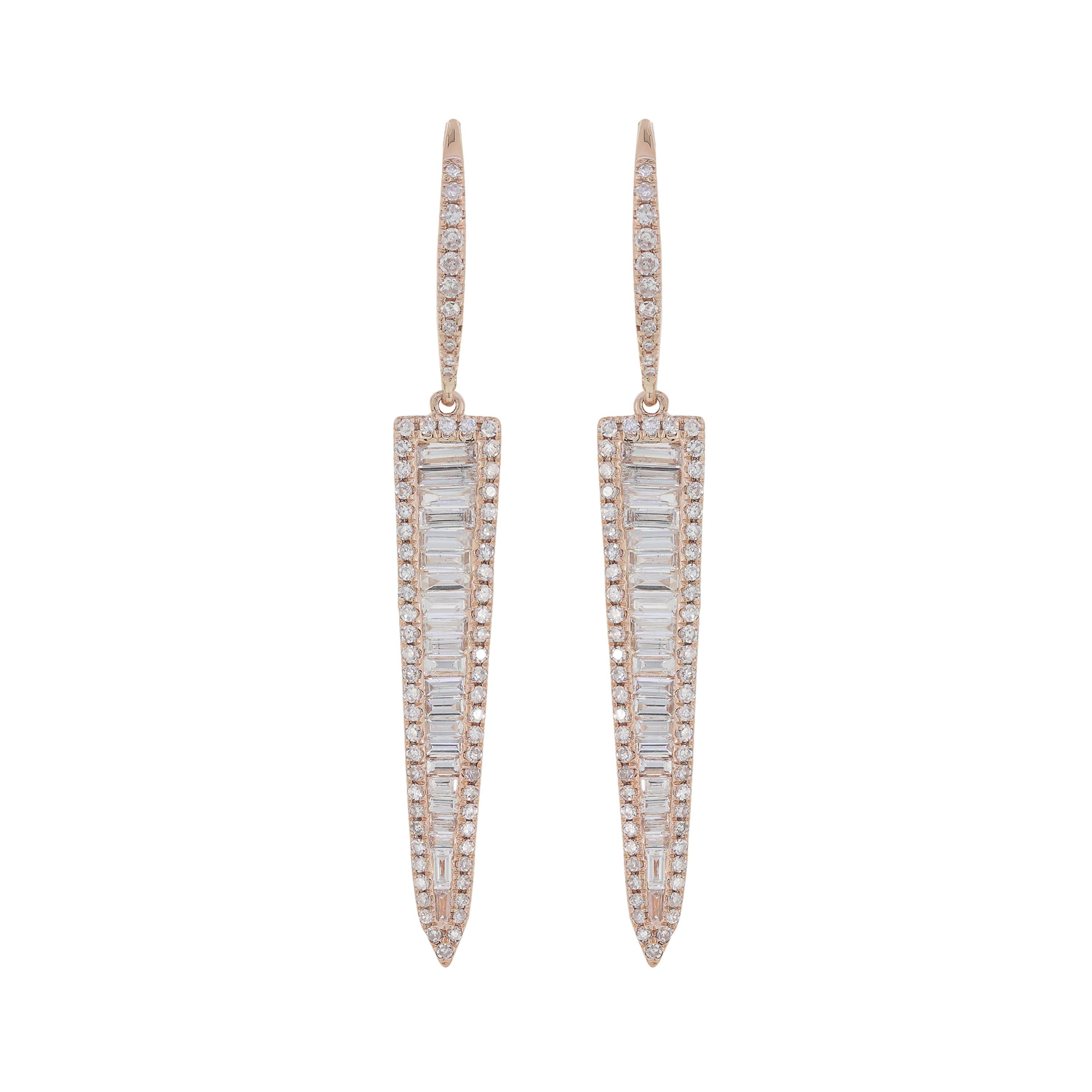 These Luxle Round and Baguette Diamond Triangular Drop Earrings are a perfect pair to brighten up your day. Adorned with baguette diamonds framed within round diamonds totaling 1.27Cts in triangular motifs of 14K rose gold. These rose gold drops are